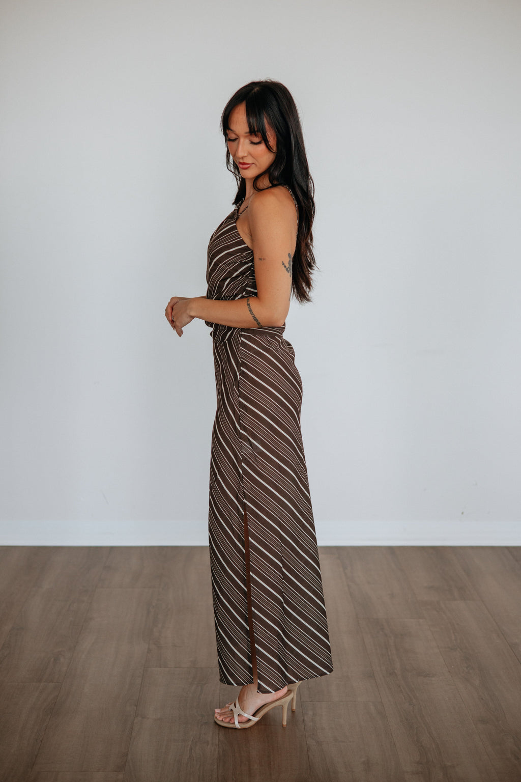 Halter Ruched Contrast Stripe Maxi Dress in Chocolate Tencel