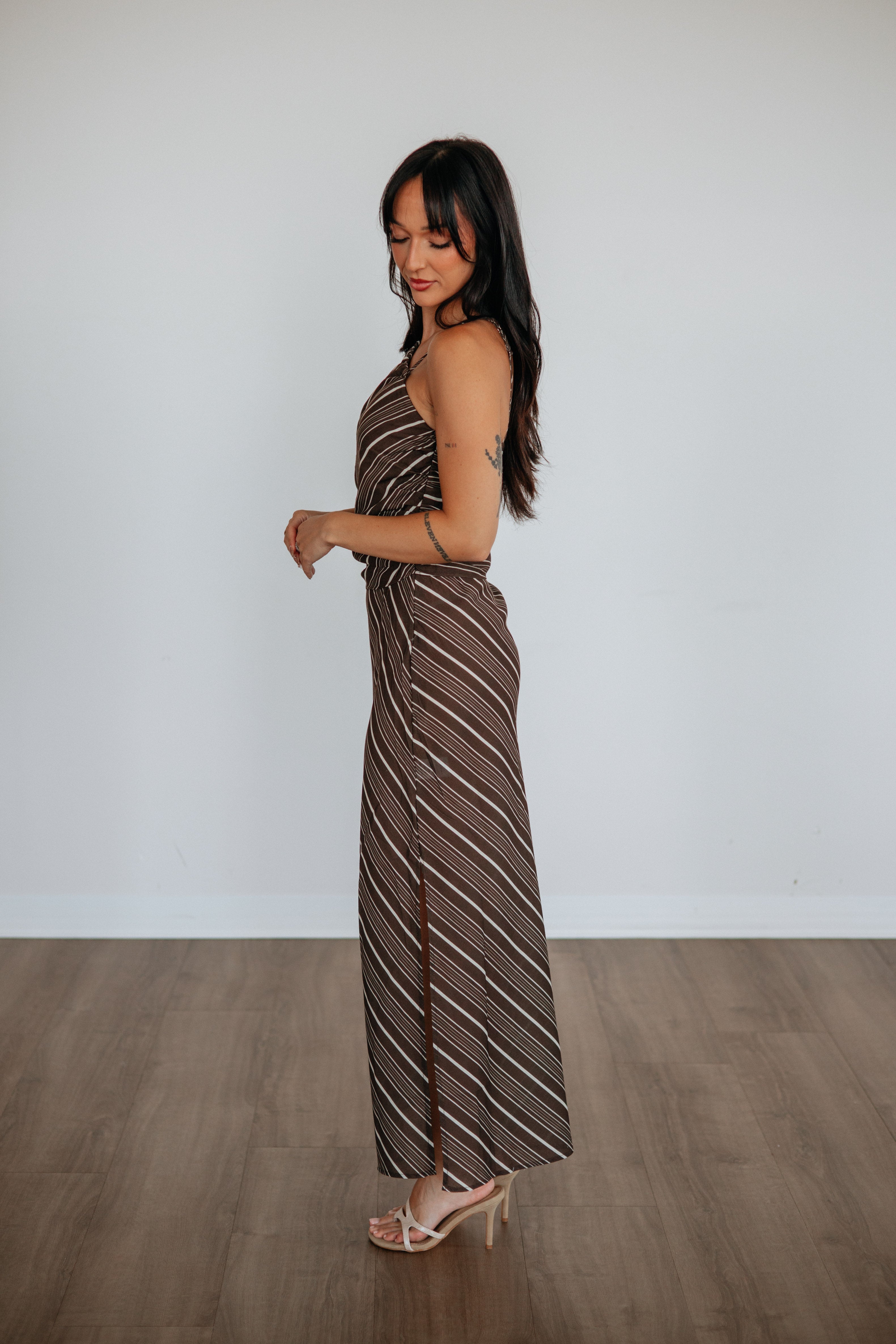 Halter Ruched Contrast Stripe Maxi Dress in Chocolate Tencel