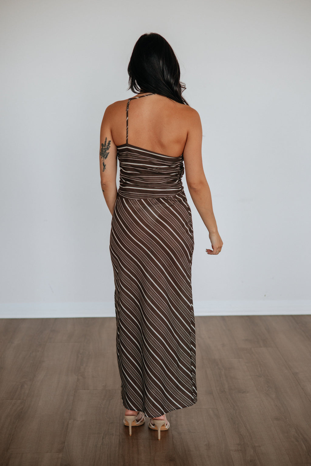 Halter Ruched Contrast Stripe Maxi Dress in Chocolate Tencel
