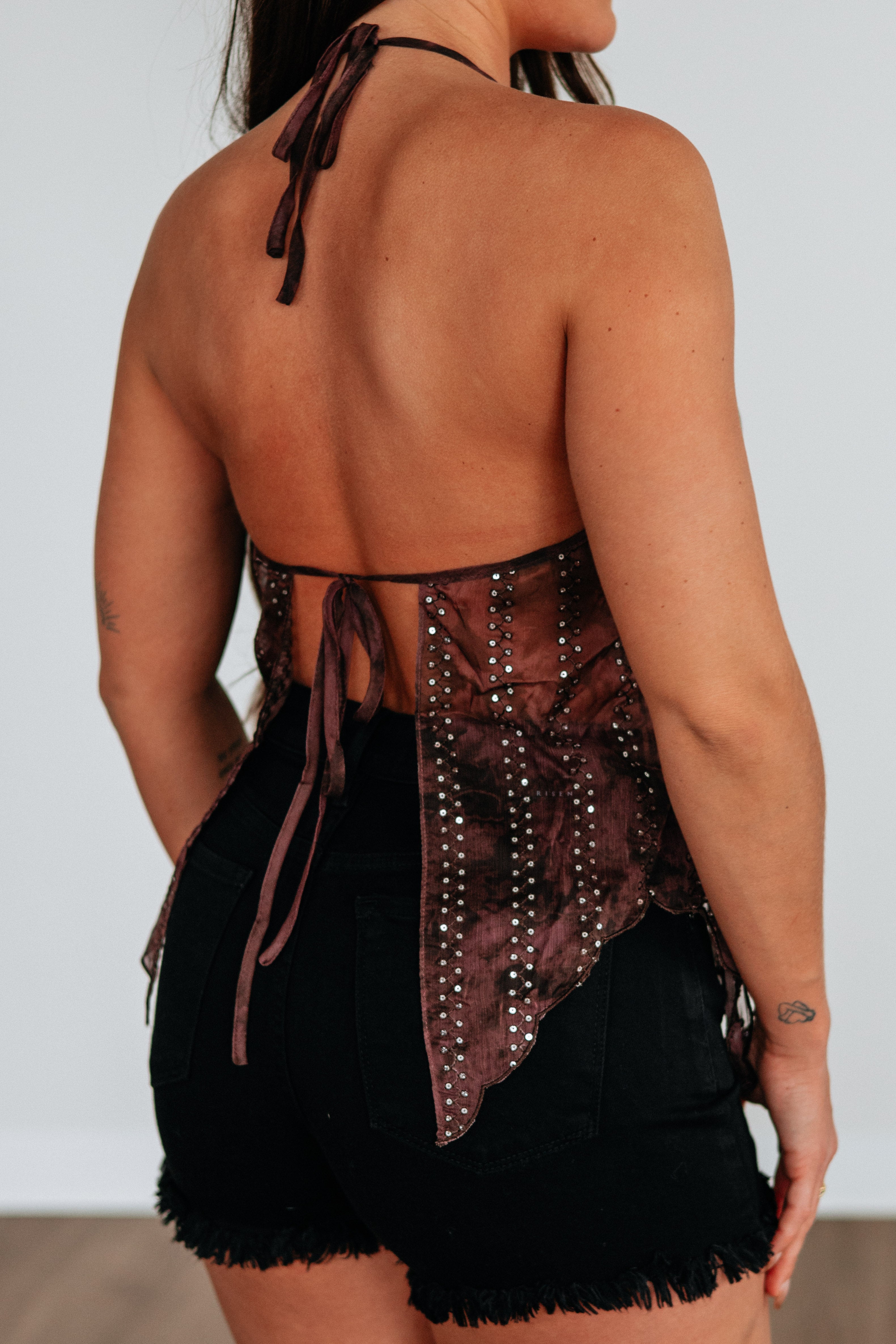 Halter V-Neck Sequin Embroidery Handkerchief Hem Top in Espresso