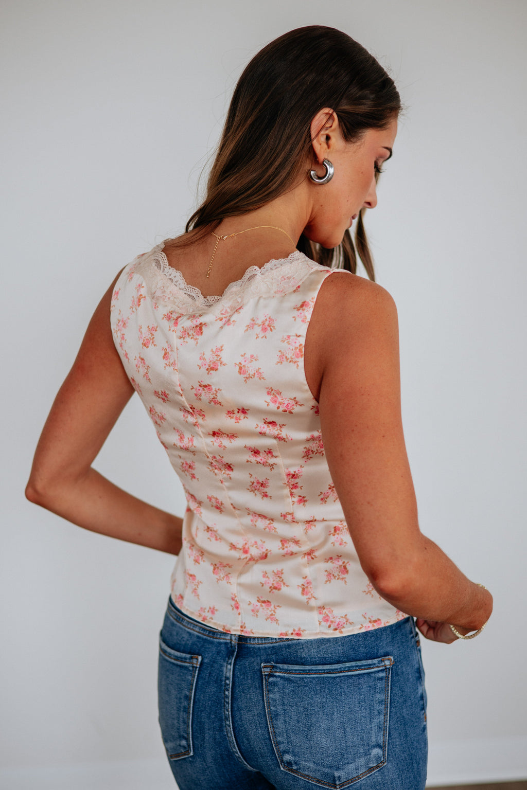 V-Neck Button-Down Lace Trim Floral Satin Cropped Top in Cream
