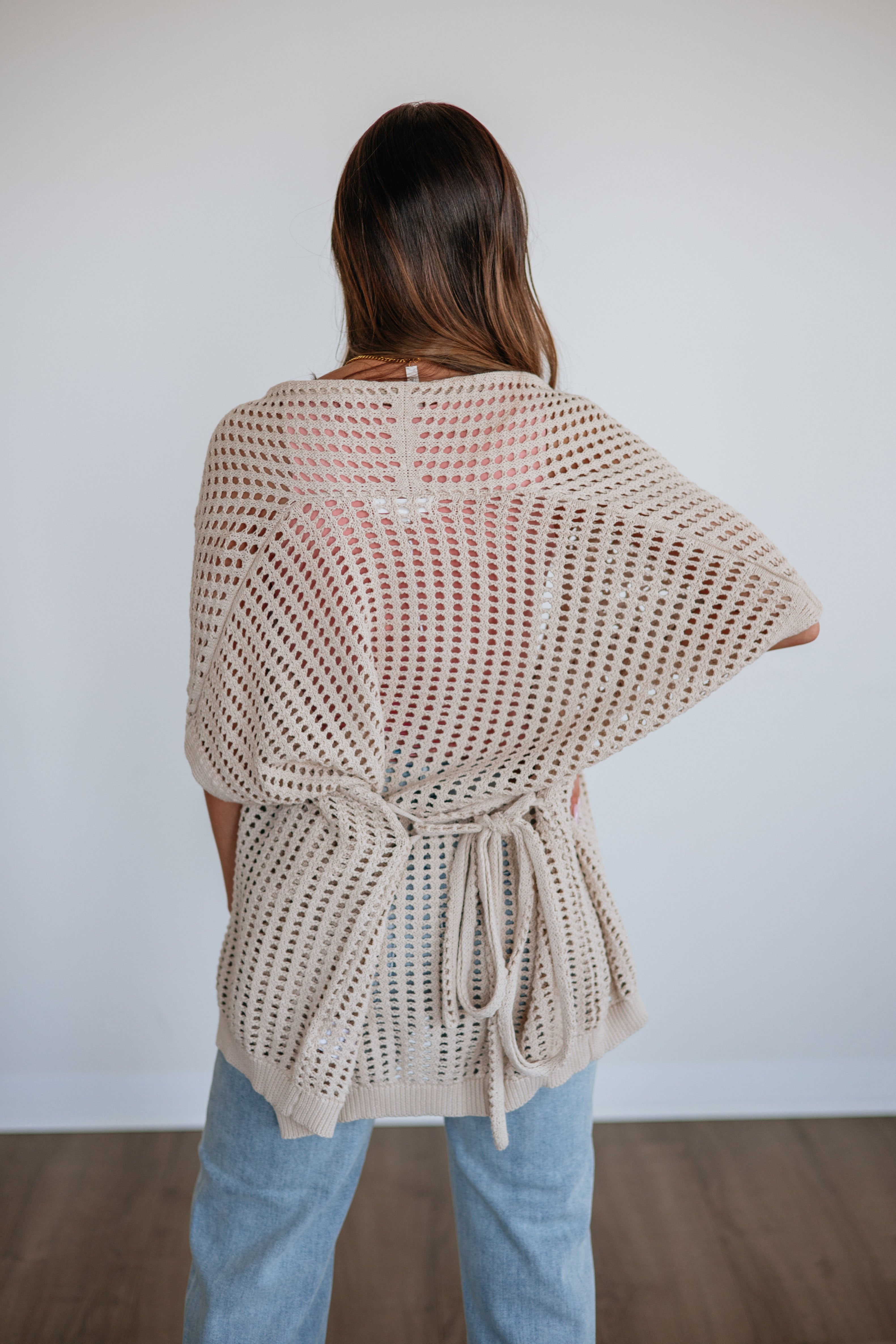 Shawl Neck Open Front Tie Belt Open Knit Cardigan