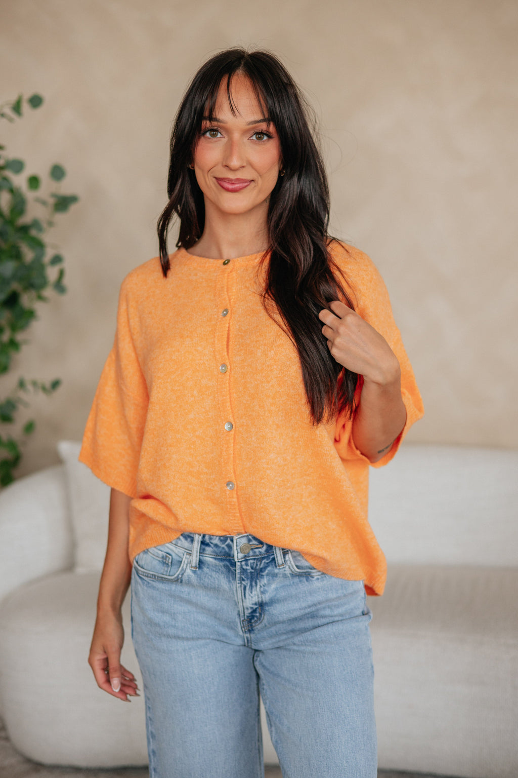 Round Neck Short Sleeve Drop Shoulder Sweater Knit Cardigan