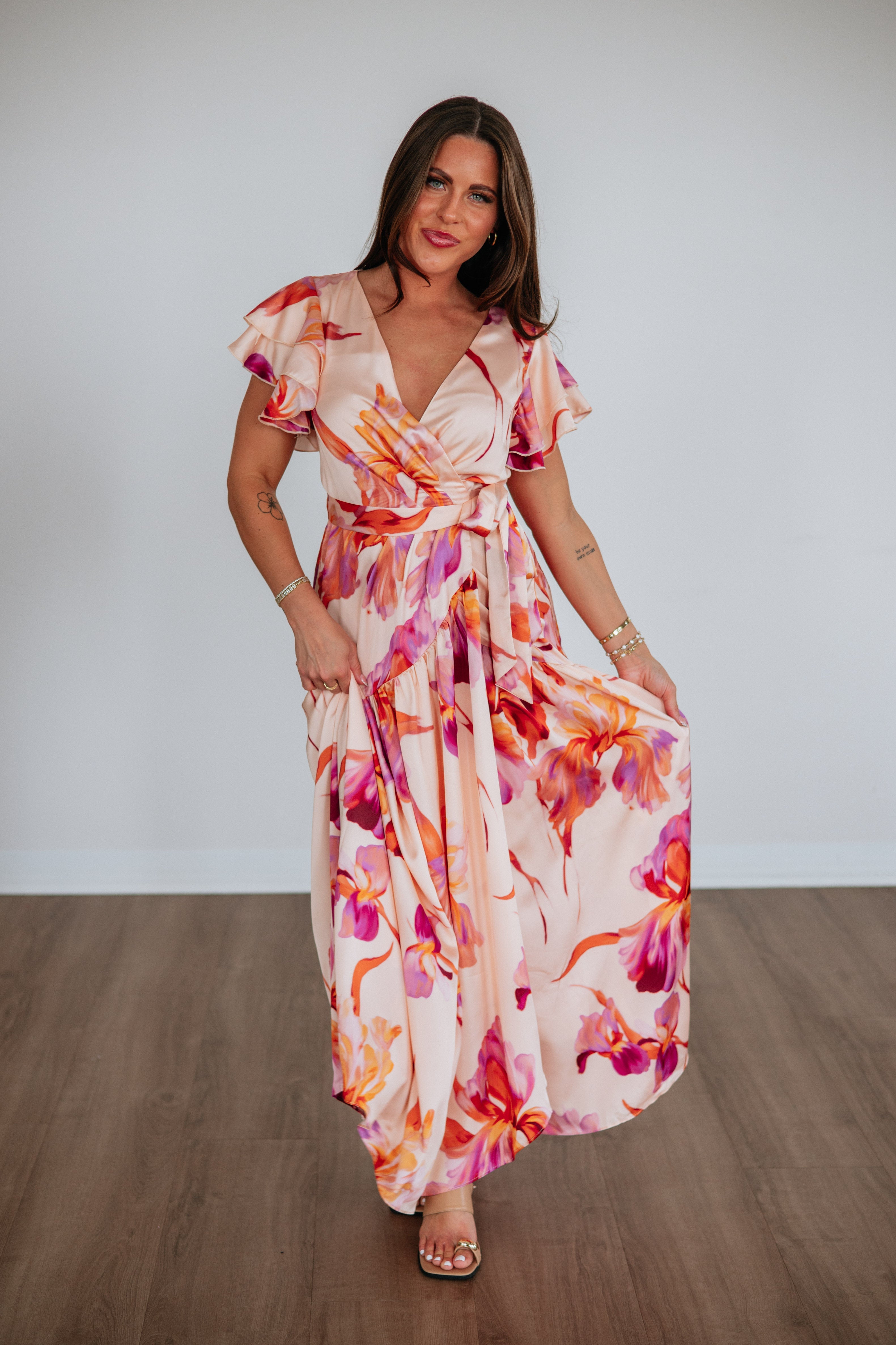 Wrap Bodice Flutter Sleeve Floral Maxi Dress in Peach Blush Polyester