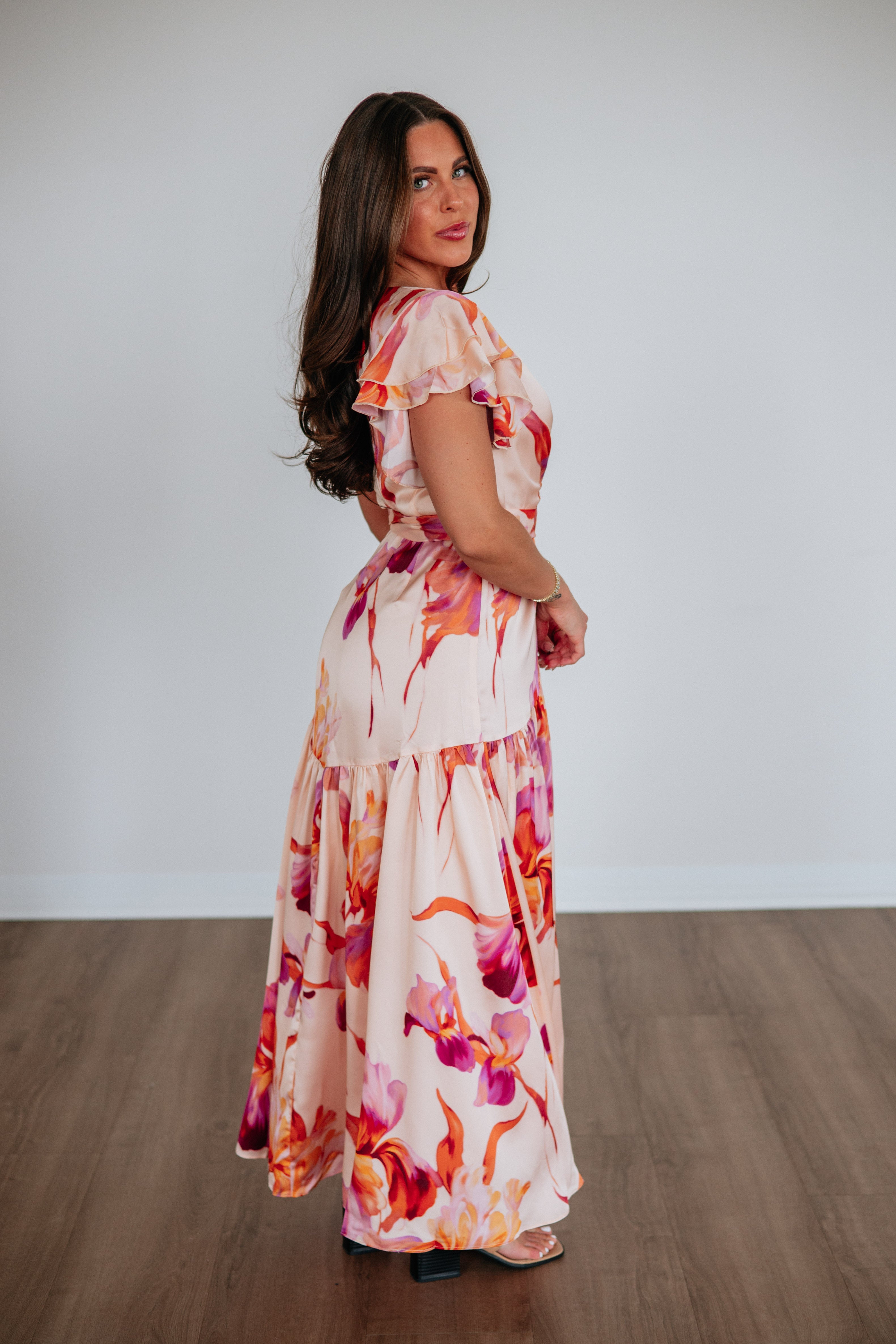 Wrap Bodice Flutter Sleeve Floral Maxi Dress in Peach Blush Polyester
