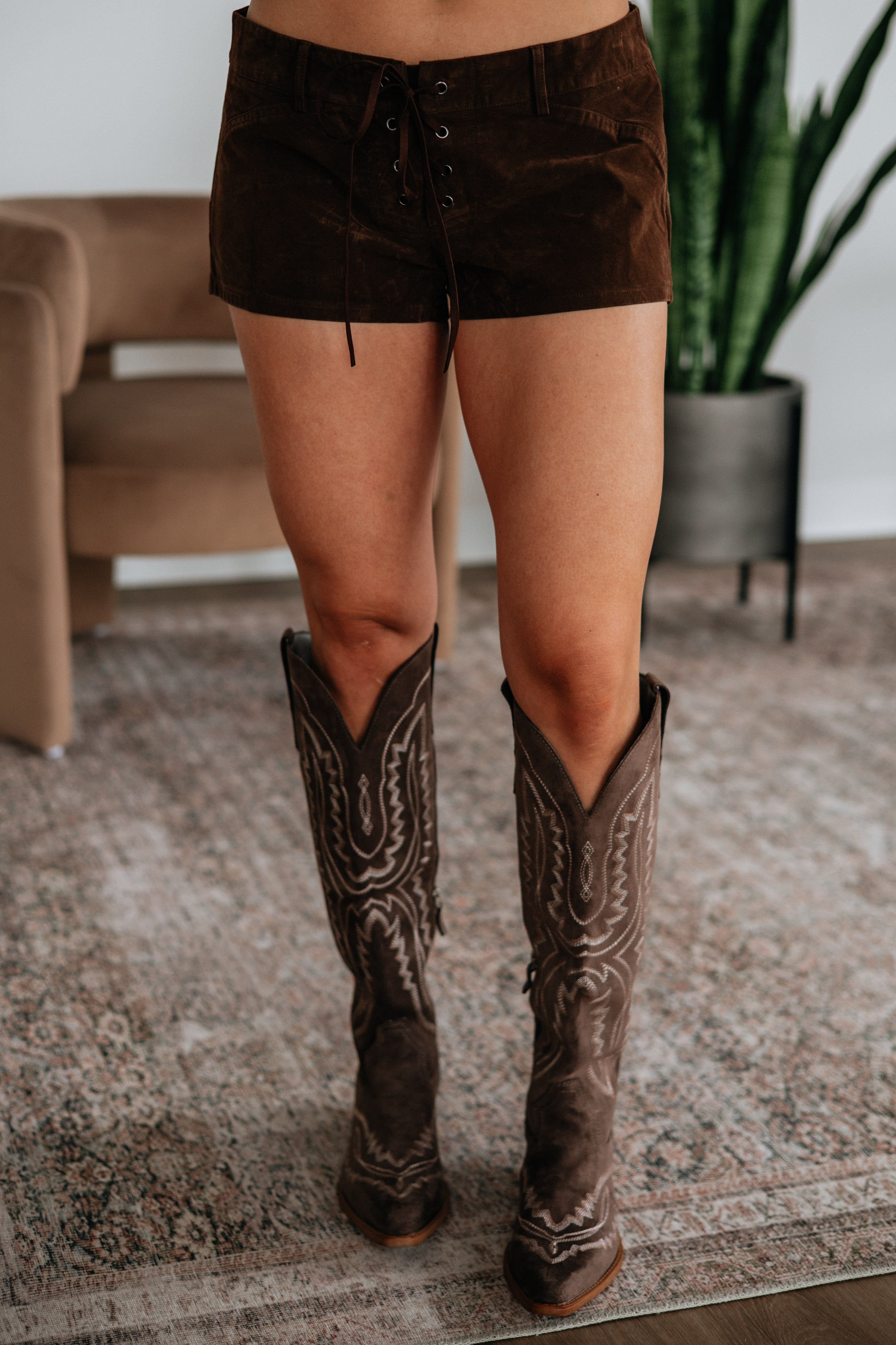 Low Rise Lace-Up Faux Suede Shorts in Espresso