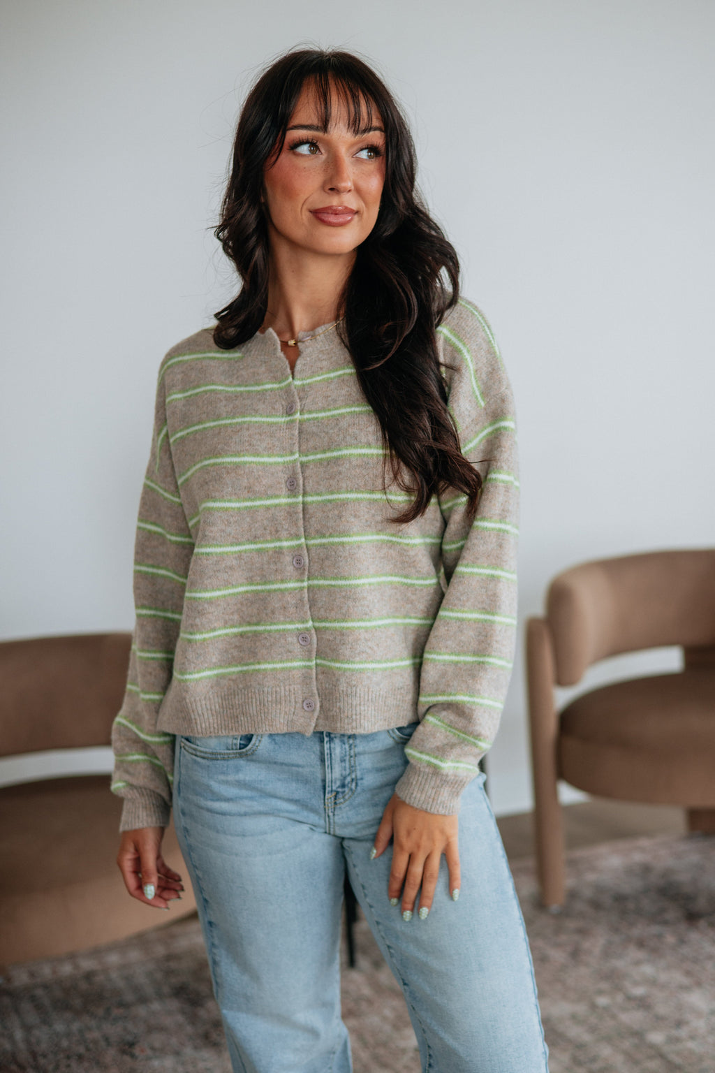 Crew Neck Long Sleeve Contrast Stripe Sweater Knit Cardigan in Heathered Taupe