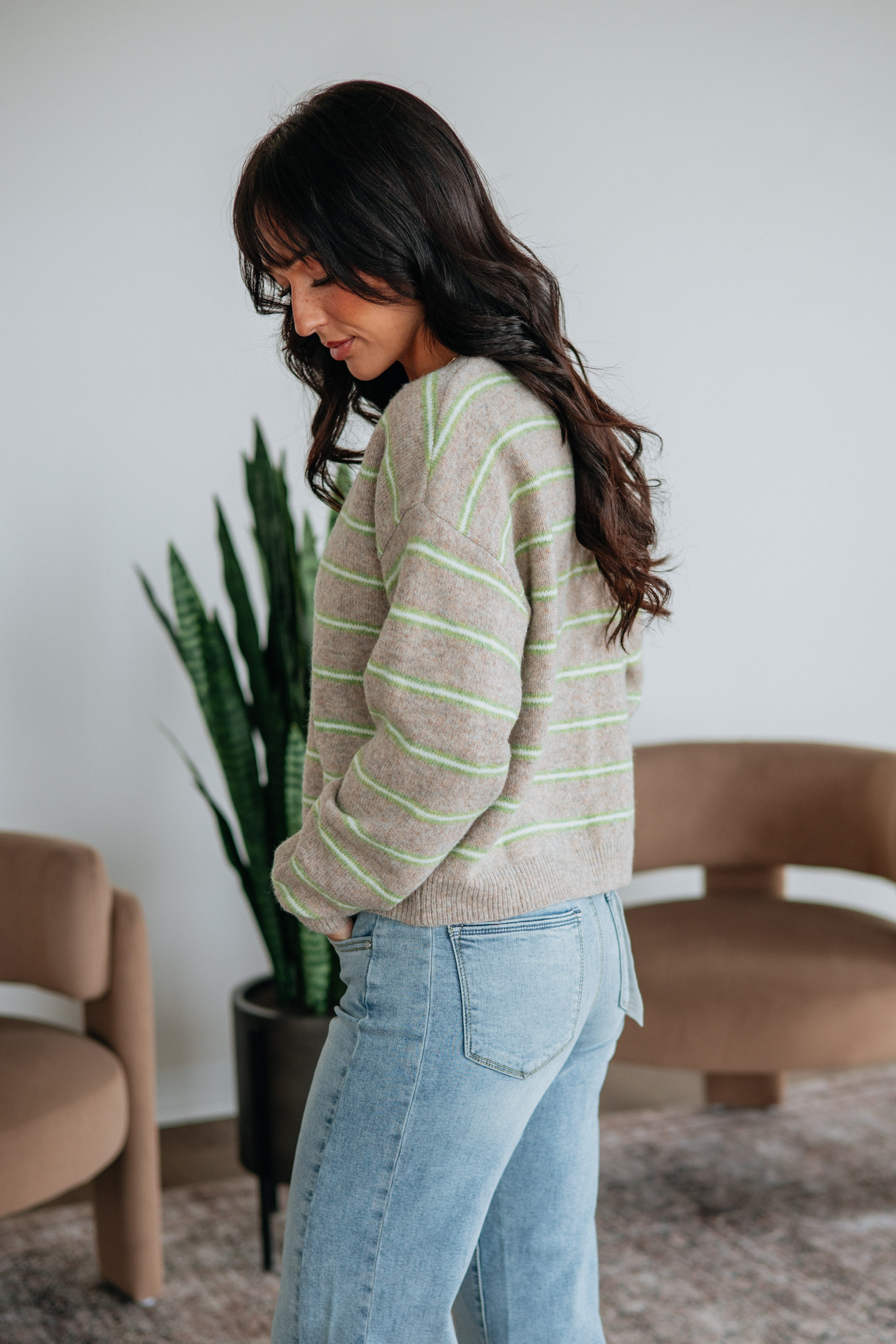 Crew Neck Long Sleeve Contrast Stripe Sweater Knit Cardigan in Heathered Taupe