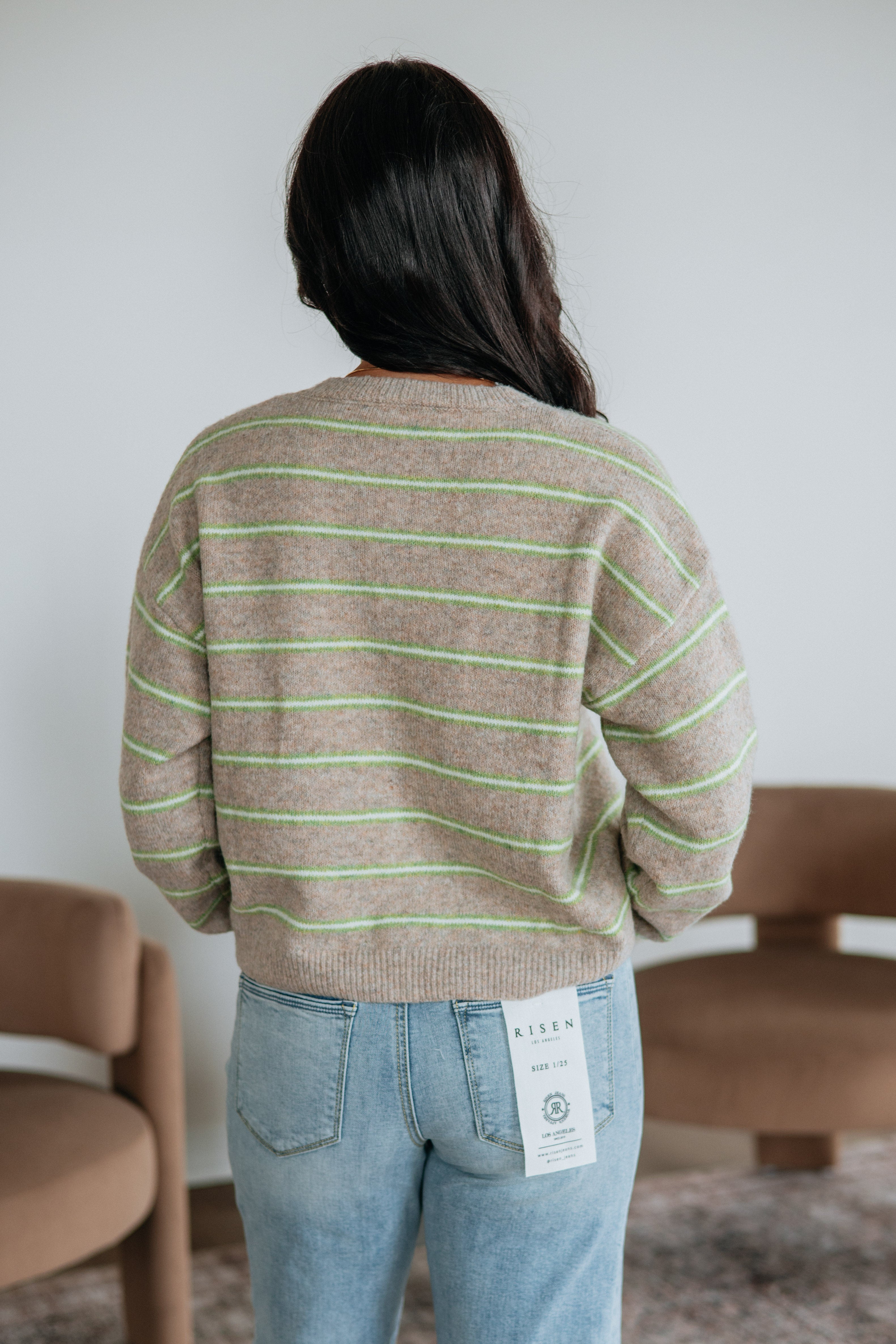 Crew Neck Long Sleeve Contrast Stripe Sweater Knit Cardigan in Heathered Taupe