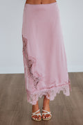 Floral Lace Trim Satin Midi Skirt in Dusty Rose