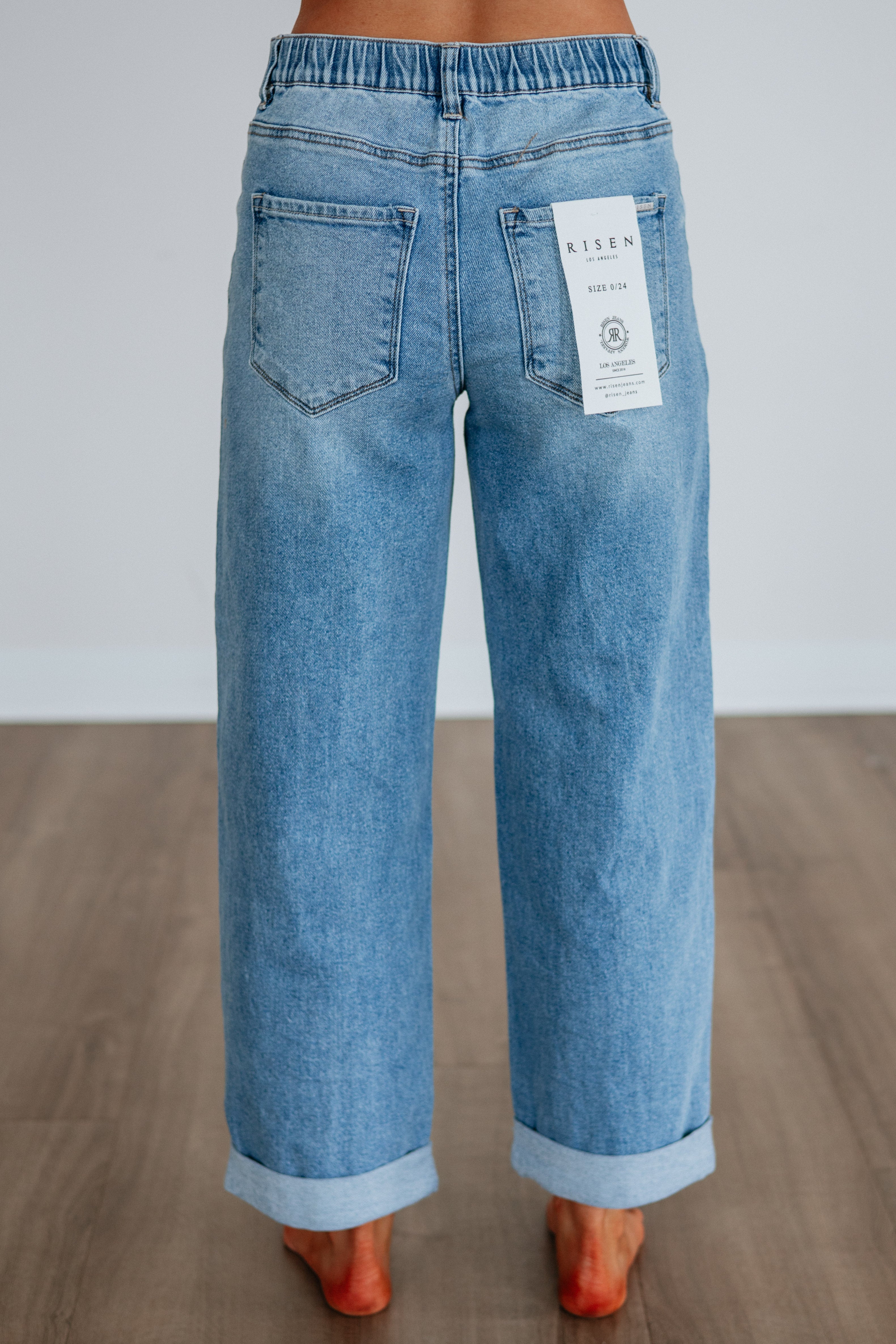 High Rise Wide Leg Cuffed Ankle Jeans in Medium Wash Cotton