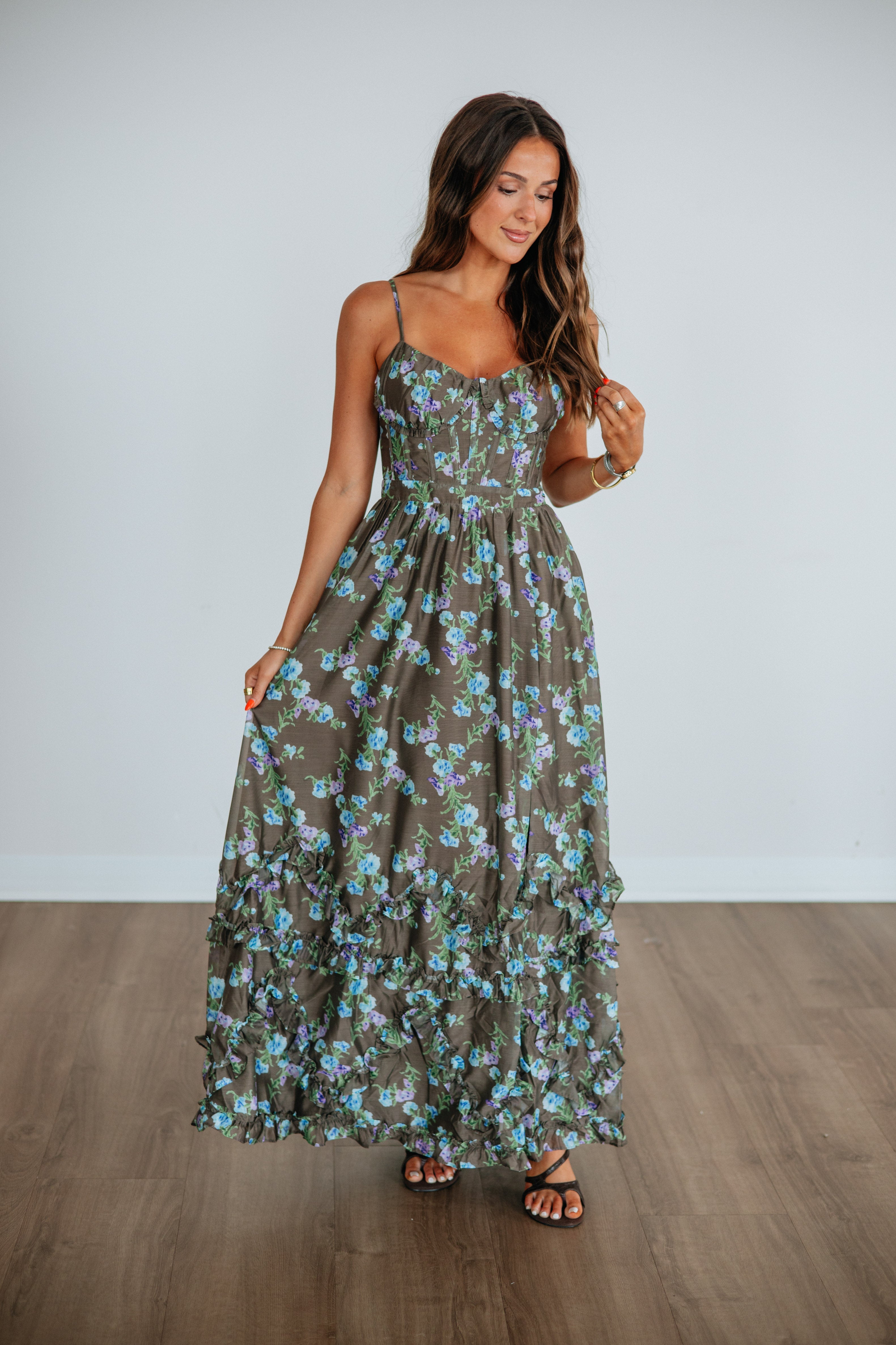 Sweetheart Corset Tiered Ruffle Floral Maxi Dress in Cocoa Polyester