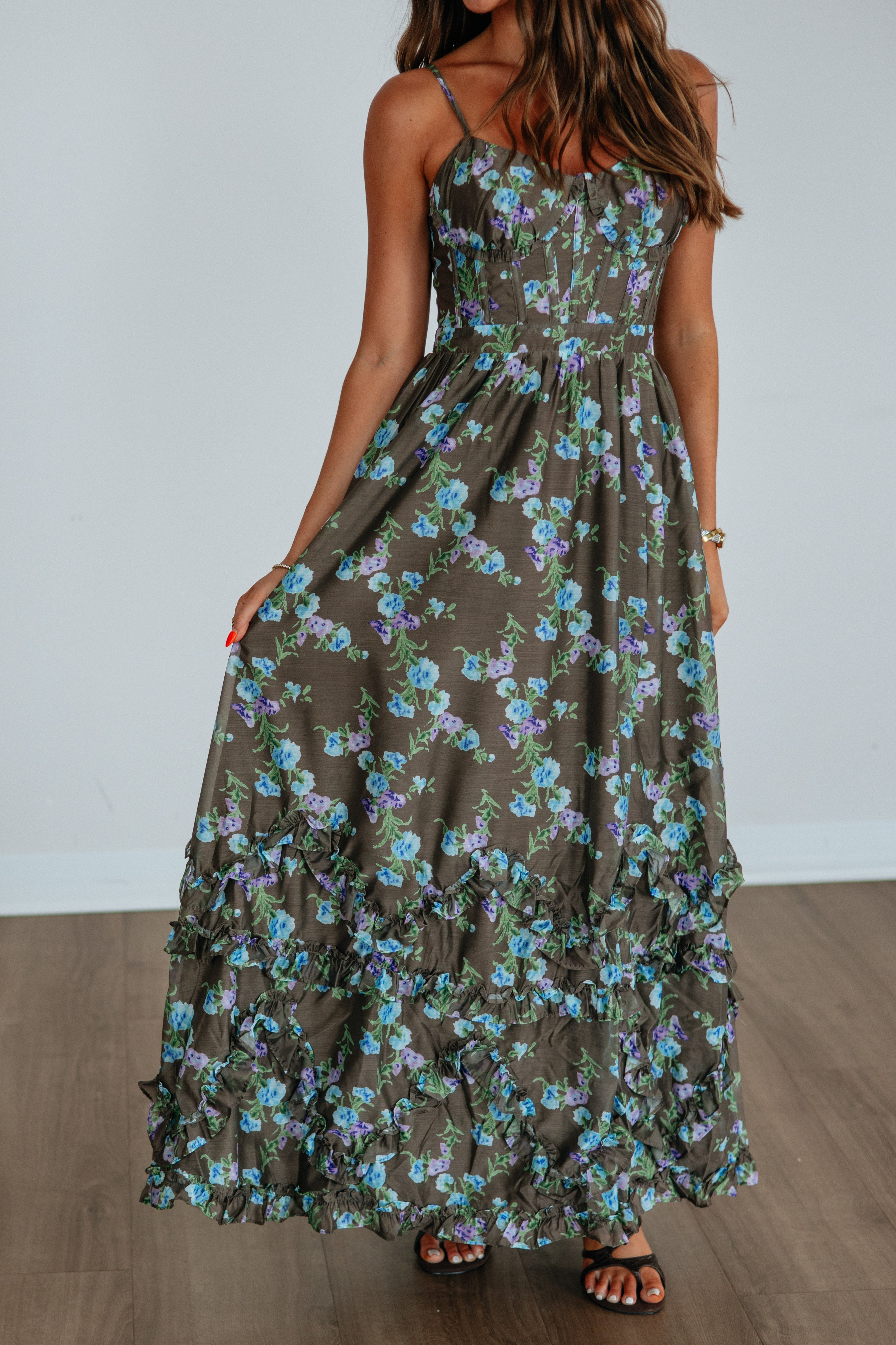 Sweetheart Corset Tiered Ruffle Floral Maxi Dress in Cocoa Polyester