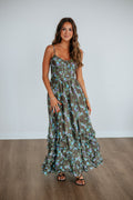 Sweetheart Corset Tiered Ruffle Floral Maxi Dress in Cocoa Polyester