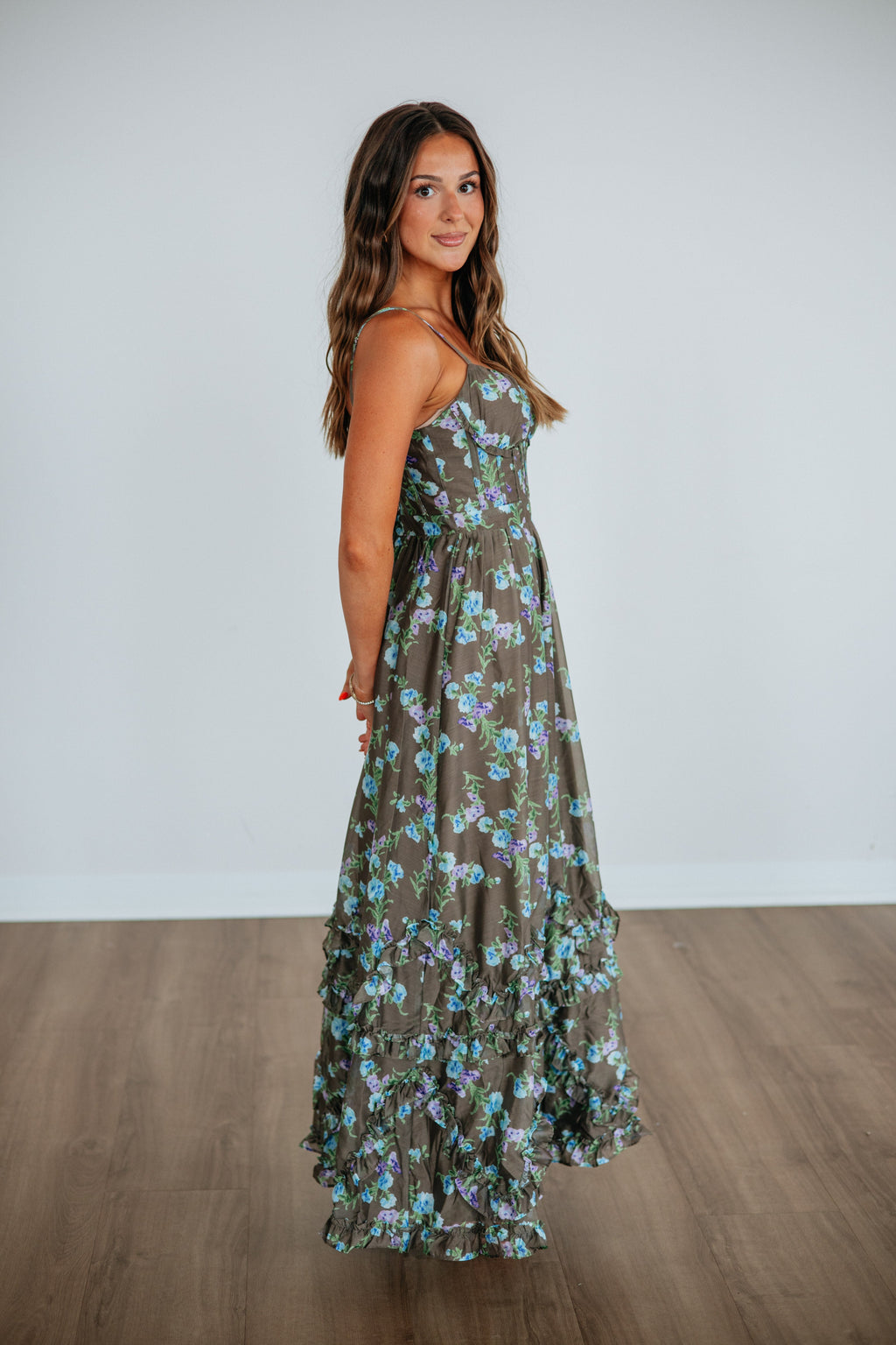 Sweetheart Corset Tiered Ruffle Floral Maxi Dress in Cocoa Polyester