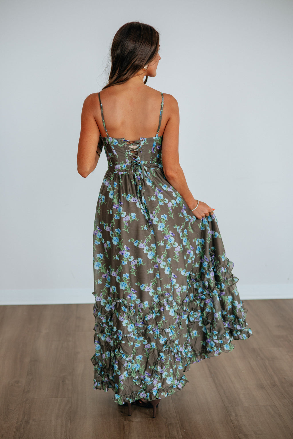 Sweetheart Corset Tiered Ruffle Floral Maxi Dress in Cocoa Polyester