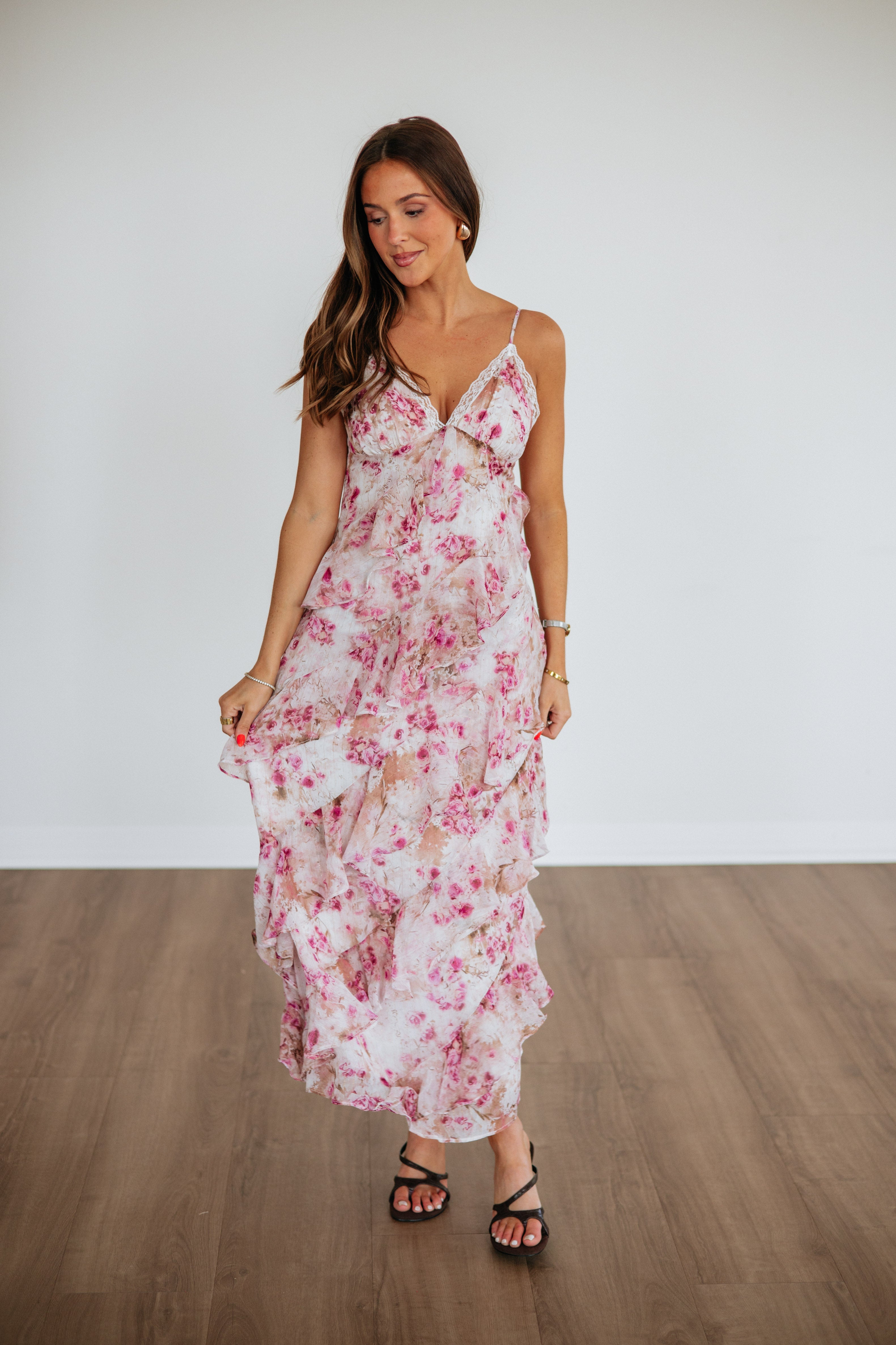 Empire Waist Tiered Ruffle Floral Maxi Dress in Rose Polyester