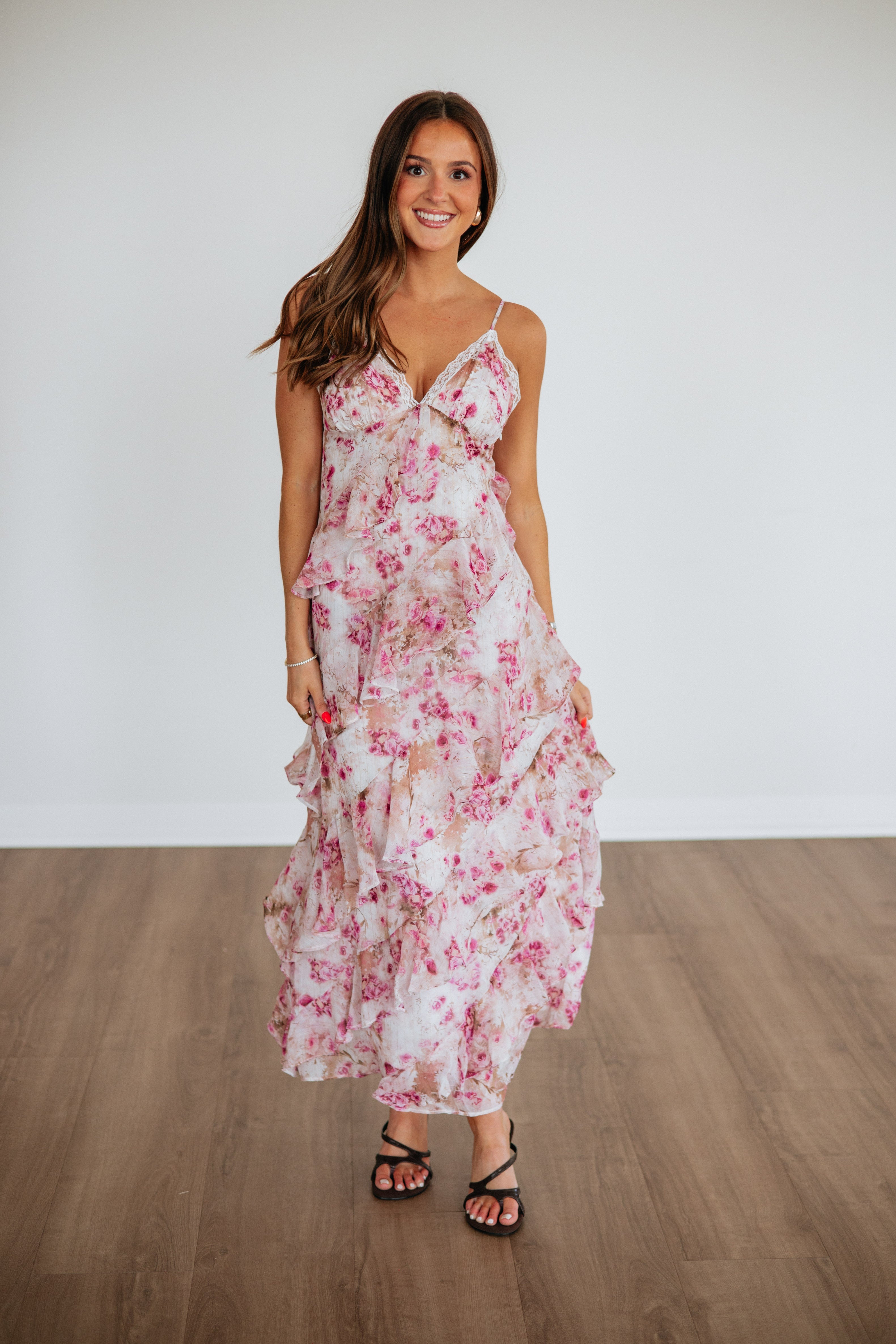 Empire Waist Tiered Ruffle Floral Maxi Dress in Rose Polyester