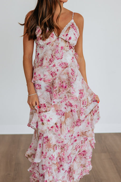 Empire Waist Tiered Ruffle Floral Maxi Dress in Rose Polyester