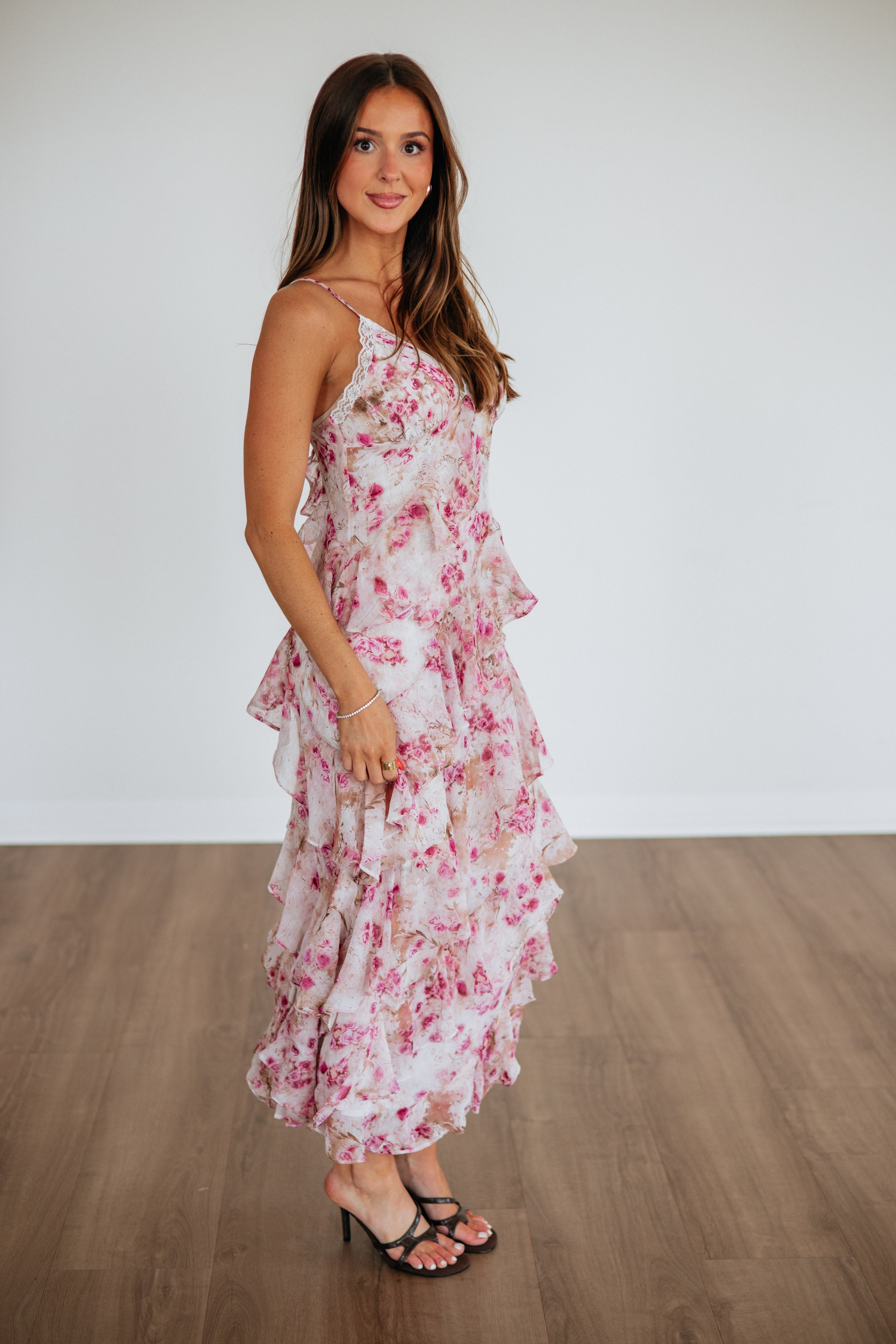 Empire Waist Tiered Ruffle Floral Maxi Dress in Rose Polyester