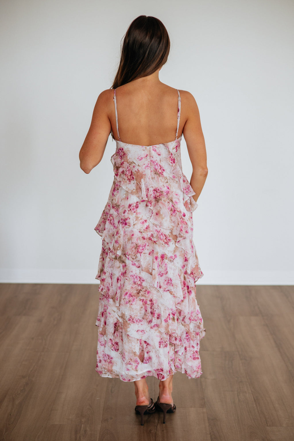 Empire Waist Tiered Ruffle Floral Maxi Dress in Rose Polyester