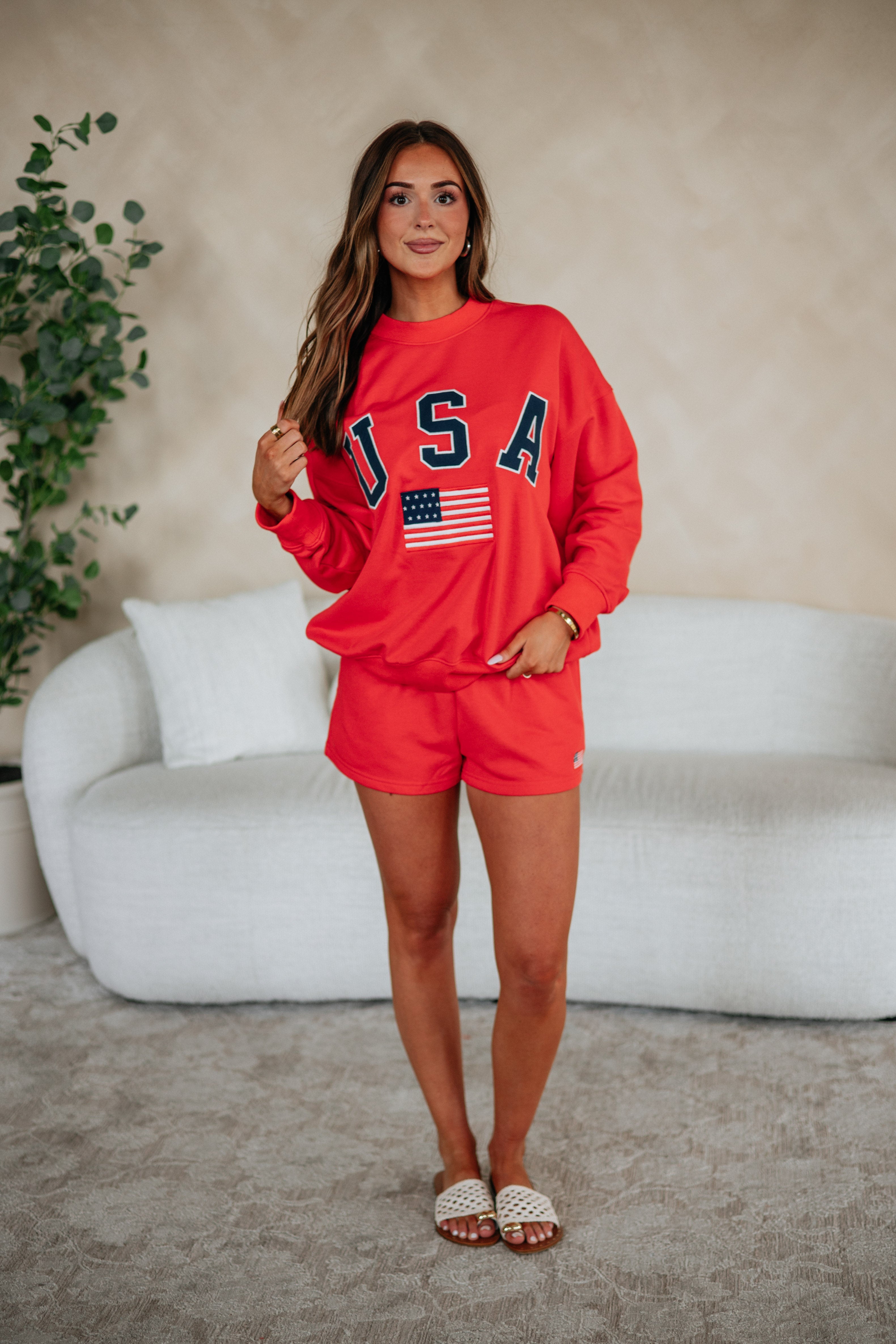 Mid Rise Embroidered Flag Stretch Shorts in Tomato Mix
