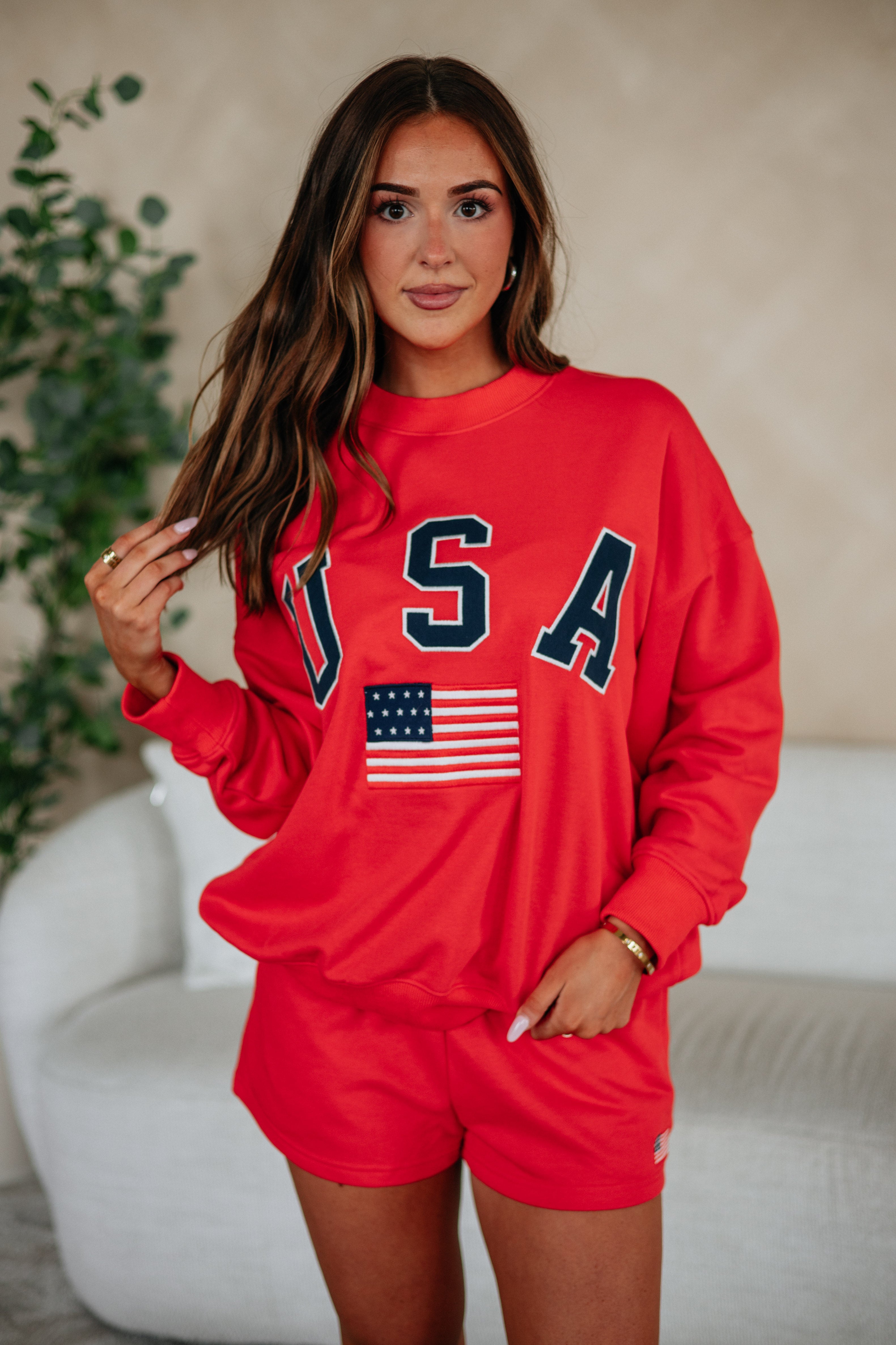 Mid Rise Embroidered Flag Stretch Shorts in Tomato Mix