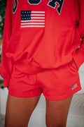 Mid Rise Embroidered Flag Stretch Shorts in Tomato Mix