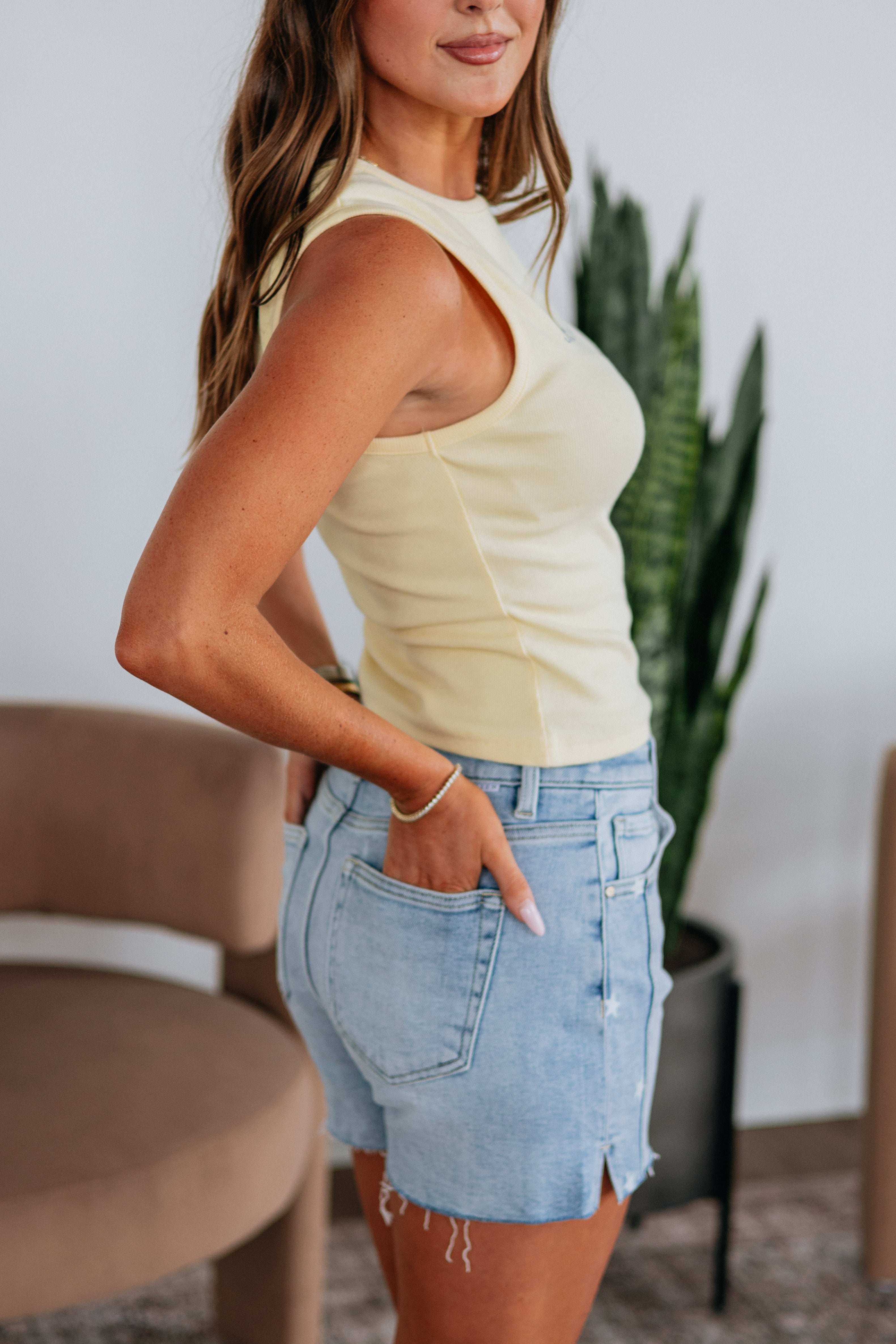 High Neck Embroidered Ribbed Fitted Tank Top in Butter Cotton