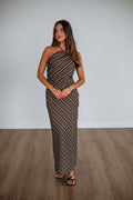Halter Ruched Contrast Stripe Maxi Dress in Chocolate Tencel