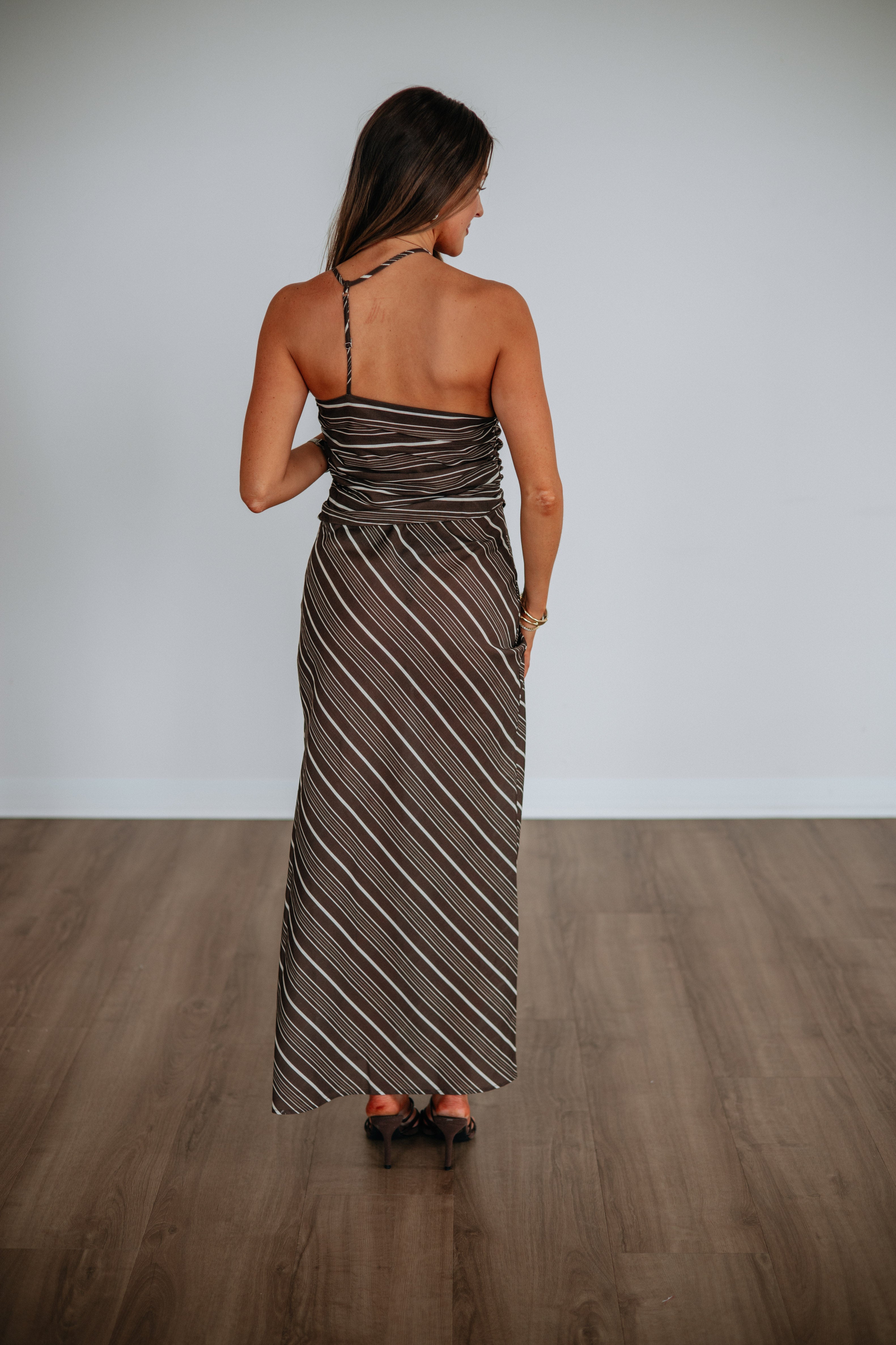 Halter Ruched Contrast Stripe Maxi Dress in Chocolate Tencel