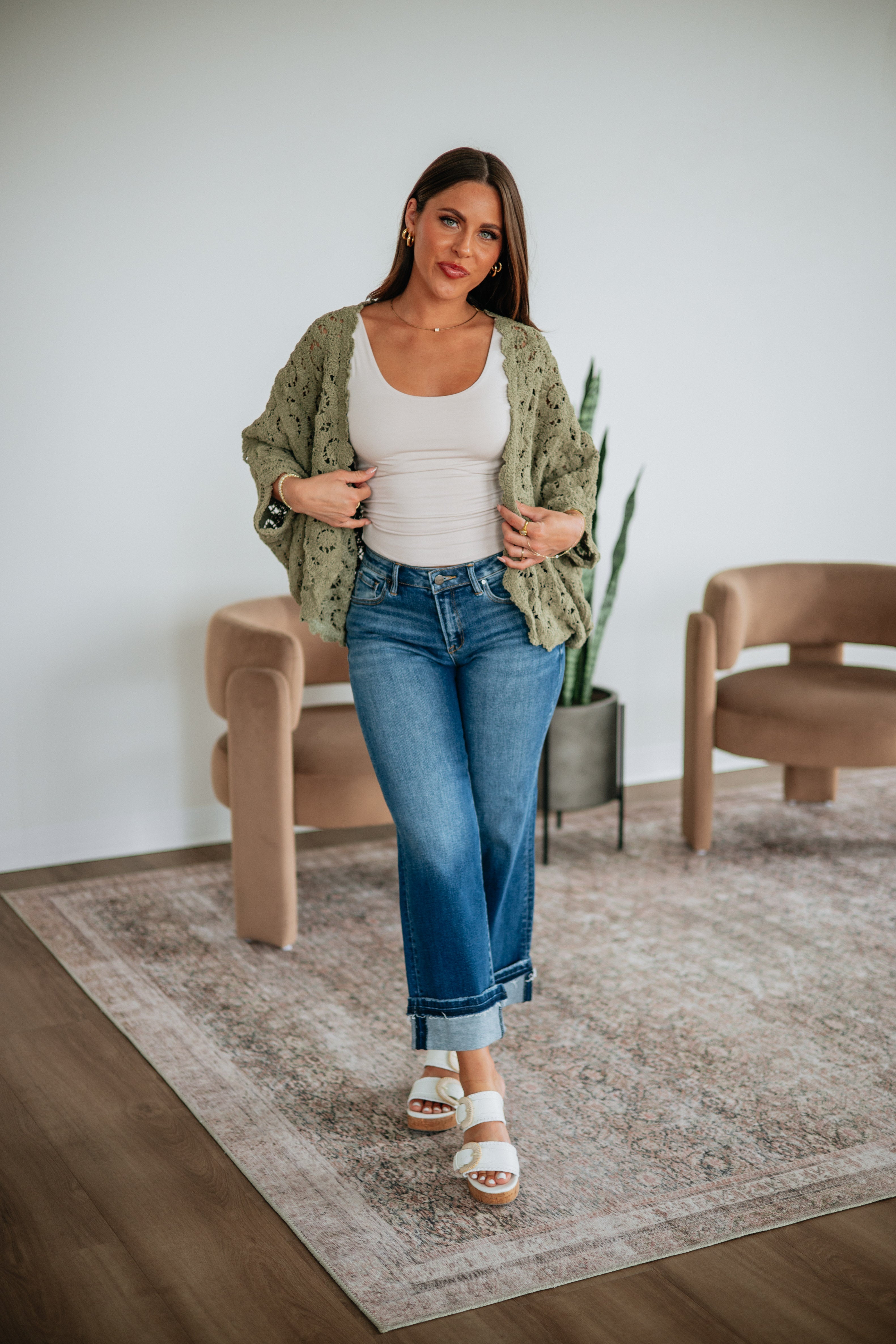 Open Front Batwing Sleeve Floral Crochet Knit Cardigan in Olive