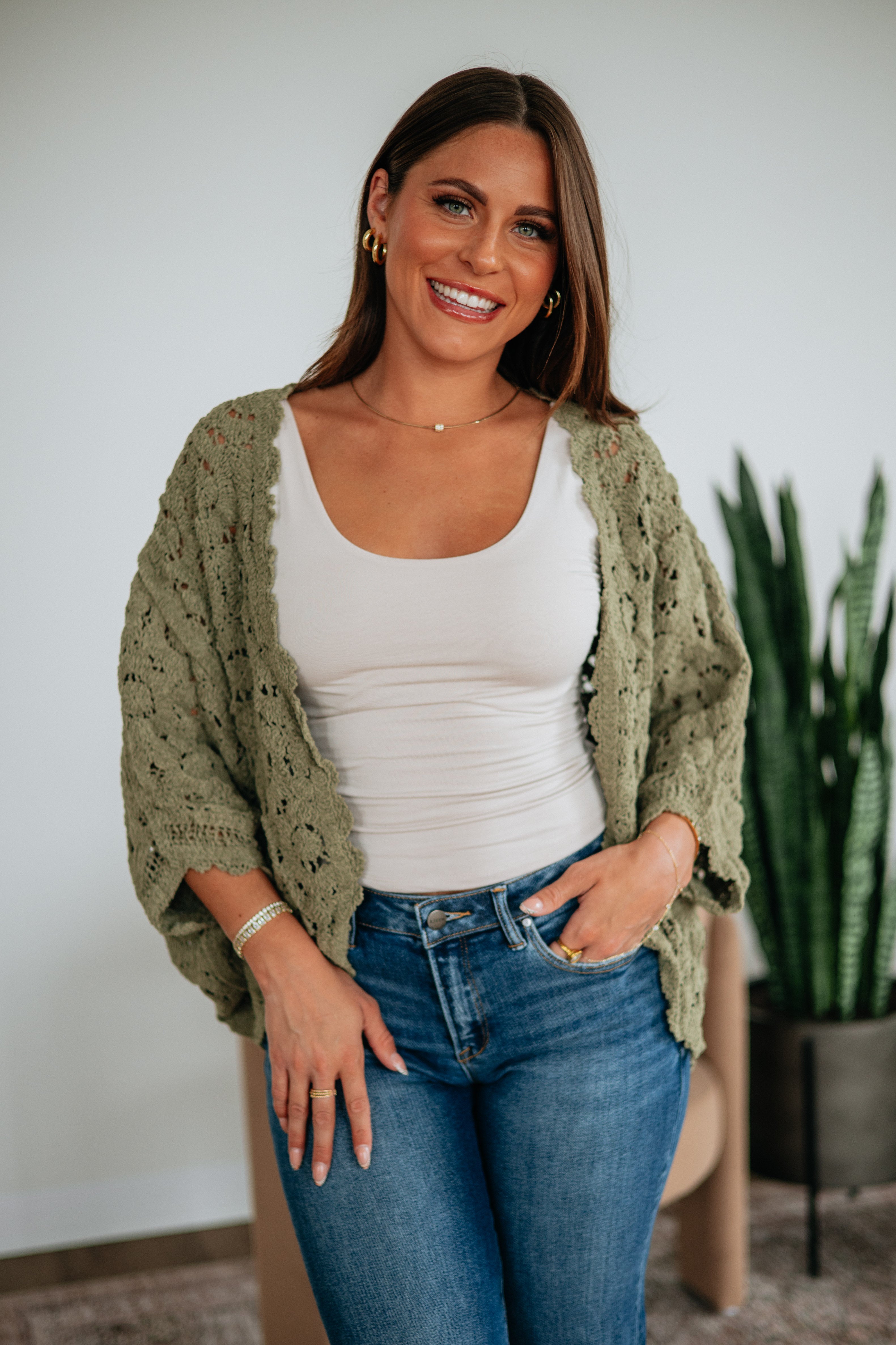 Open Front Batwing Sleeve Floral Crochet Knit Cardigan in Olive