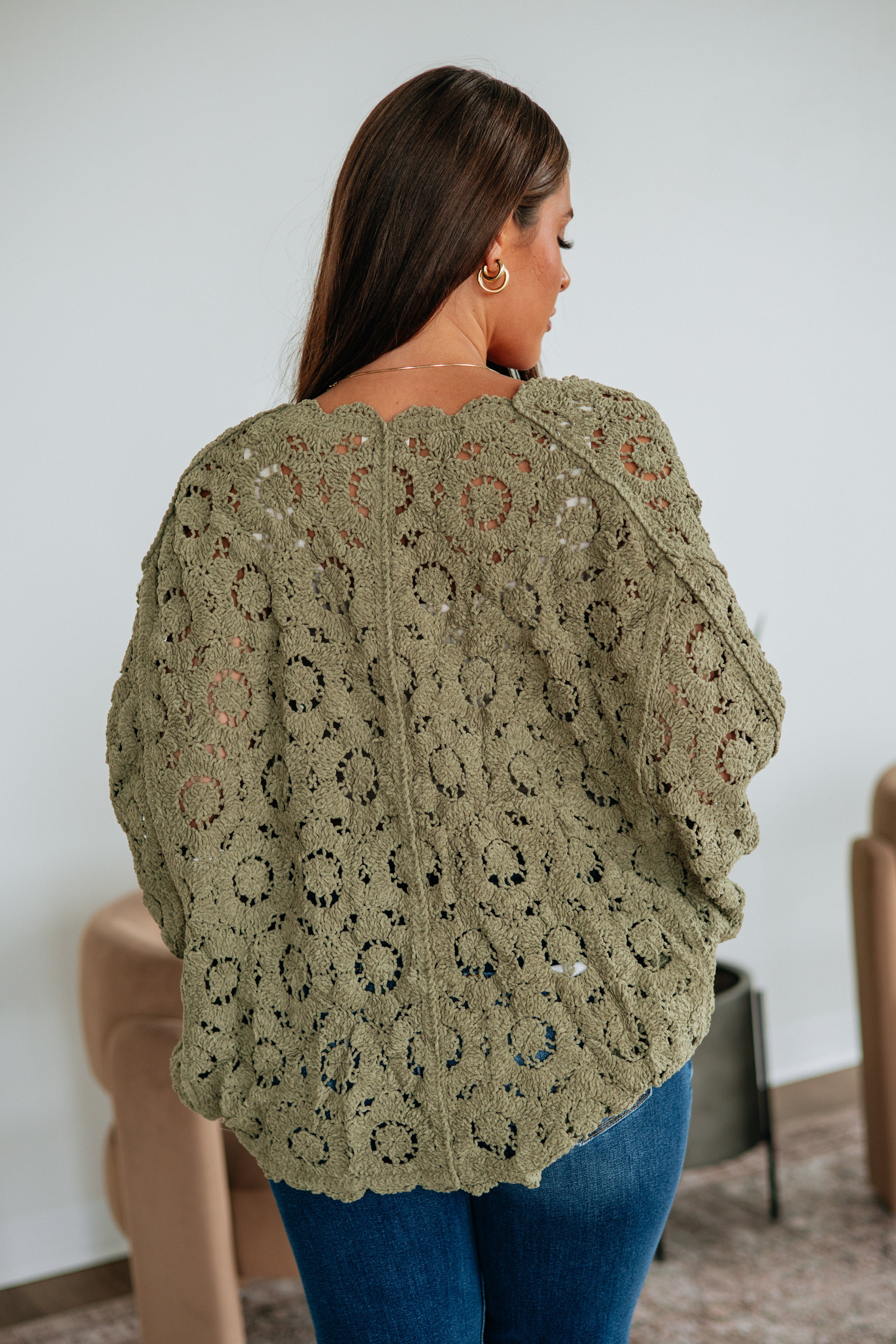 Open Front Batwing Sleeve Floral Crochet Knit Cardigan in Olive