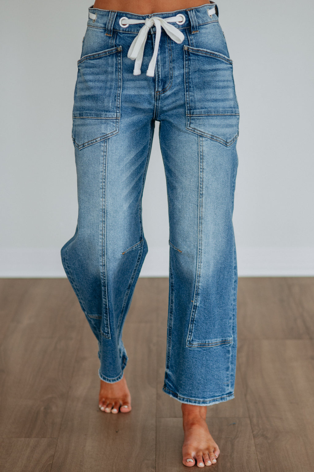 High Rise Barrel Leg Grommet Drawstring Cropped Jeans in Medium Wash