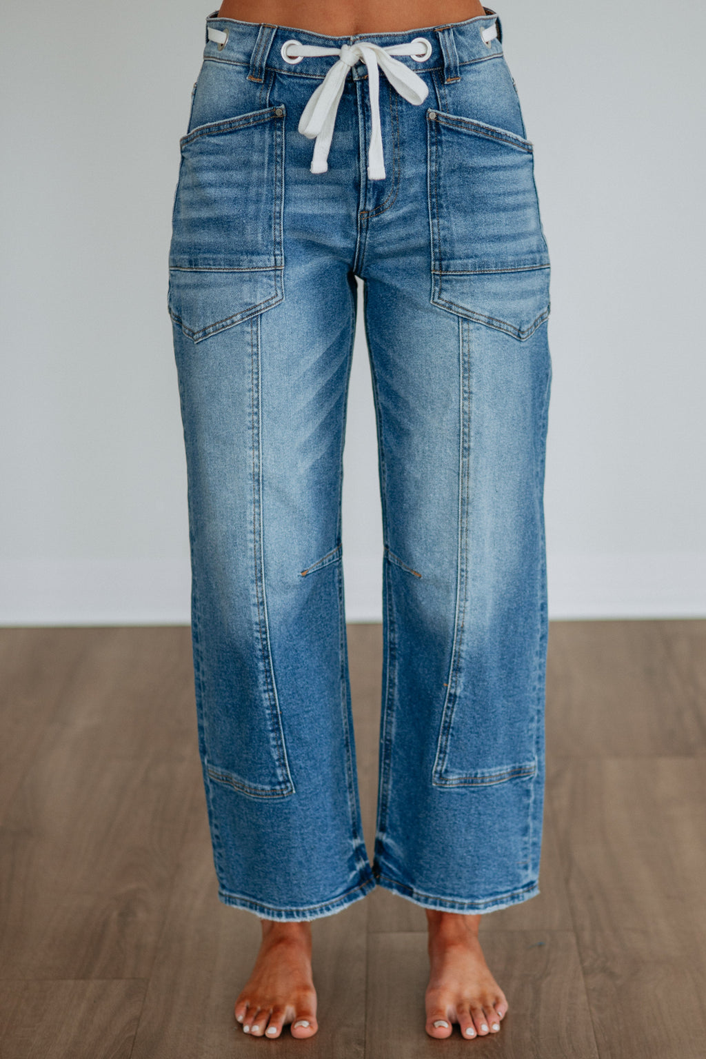 High Rise Barrel Leg Grommet Drawstring Cropped Jeans in Medium Wash