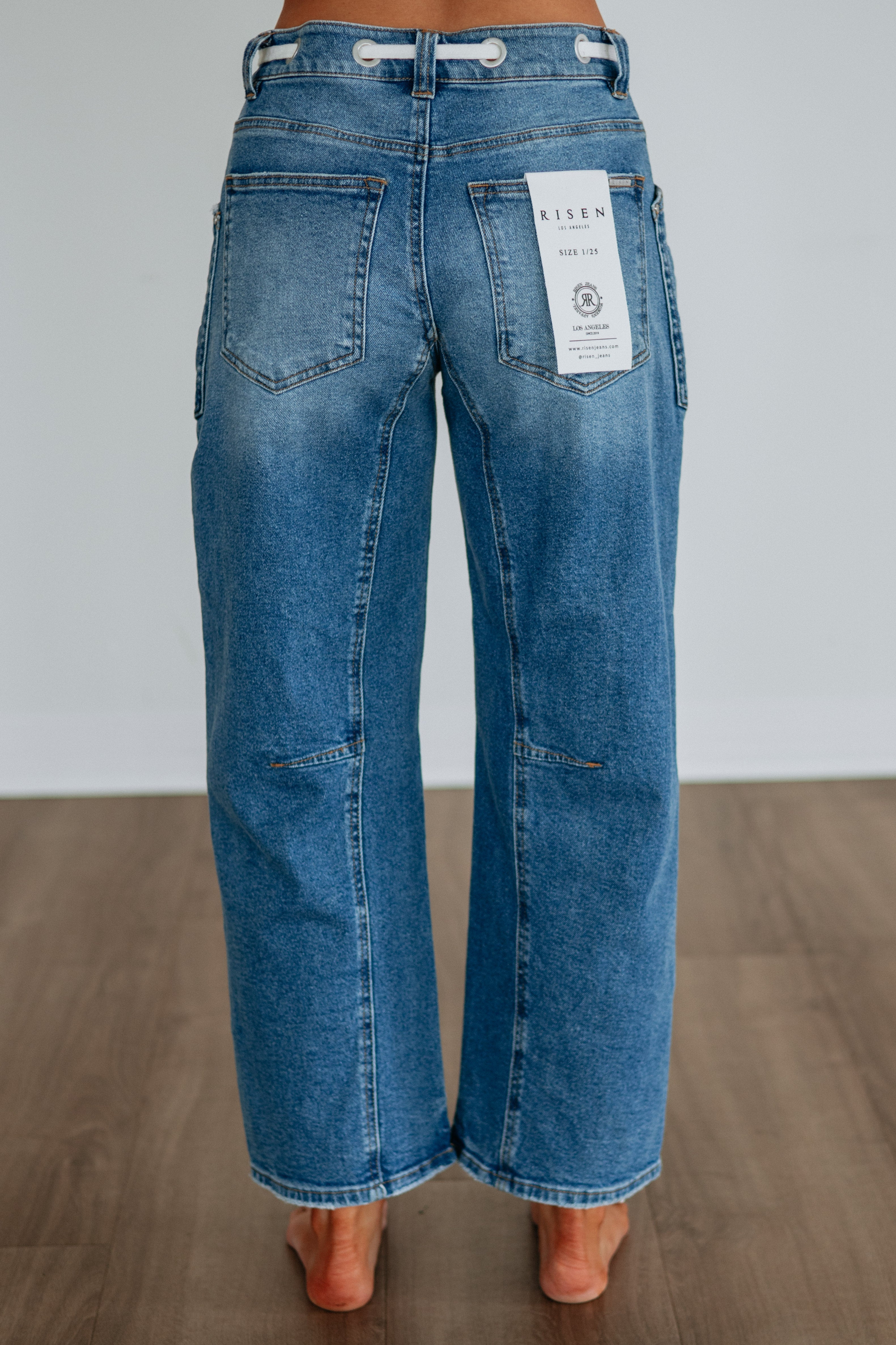 High Rise Barrel Leg Grommet Drawstring Cropped Jeans in Medium Wash