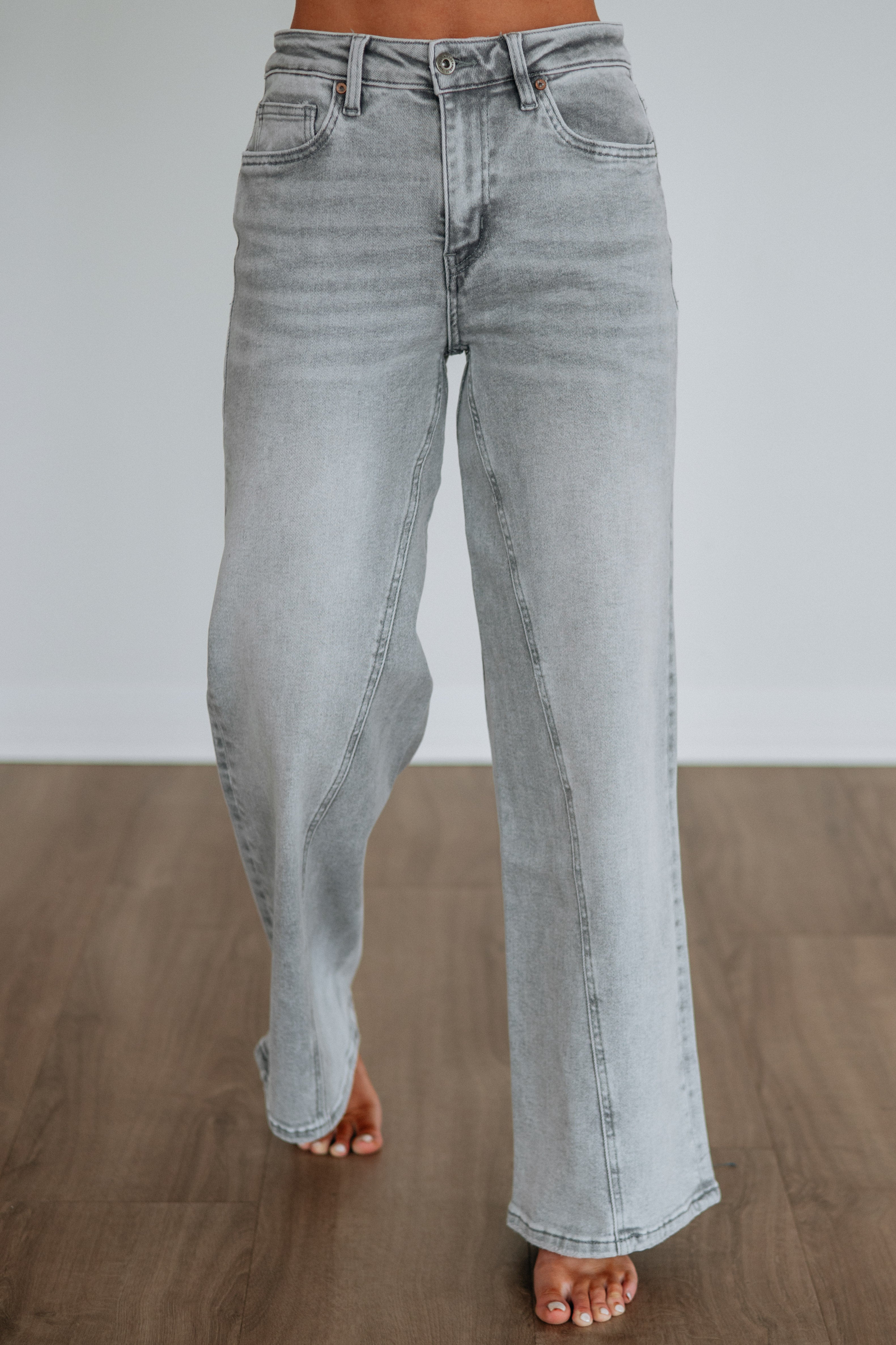 High Rise Wide Leg Paneled Seam Jeans in Light Grey Wash Cotton