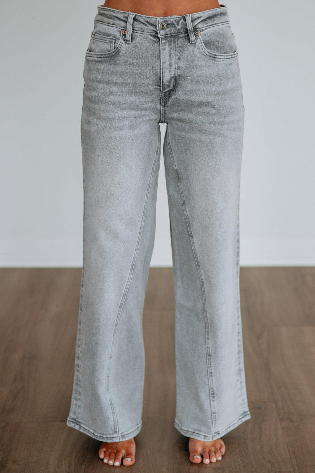 High Rise Wide Leg Paneled Seam Jeans in Light Grey Wash Cotton