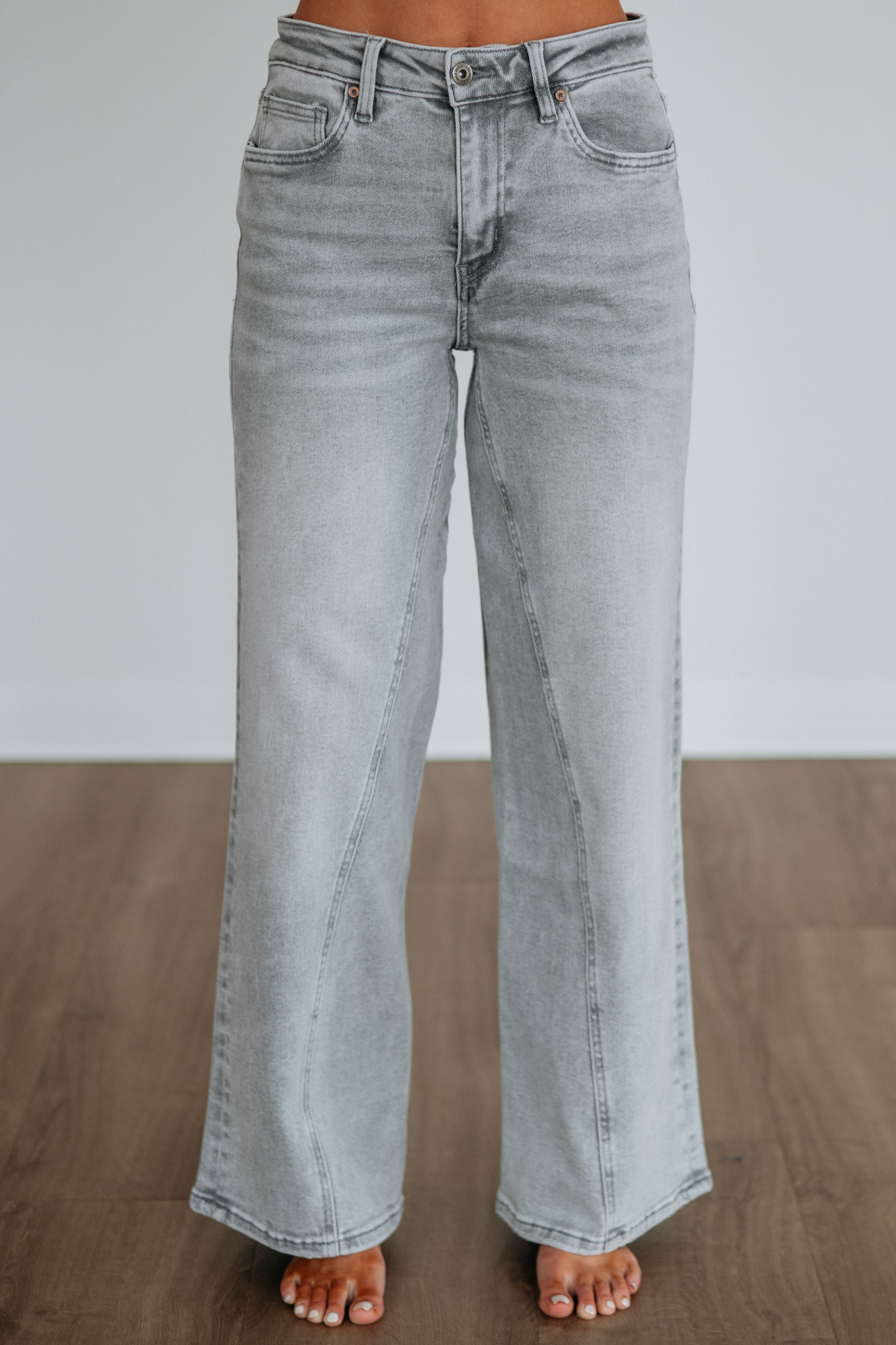 High Rise Wide Leg Paneled Seam Jeans in Light Grey Wash Cotton