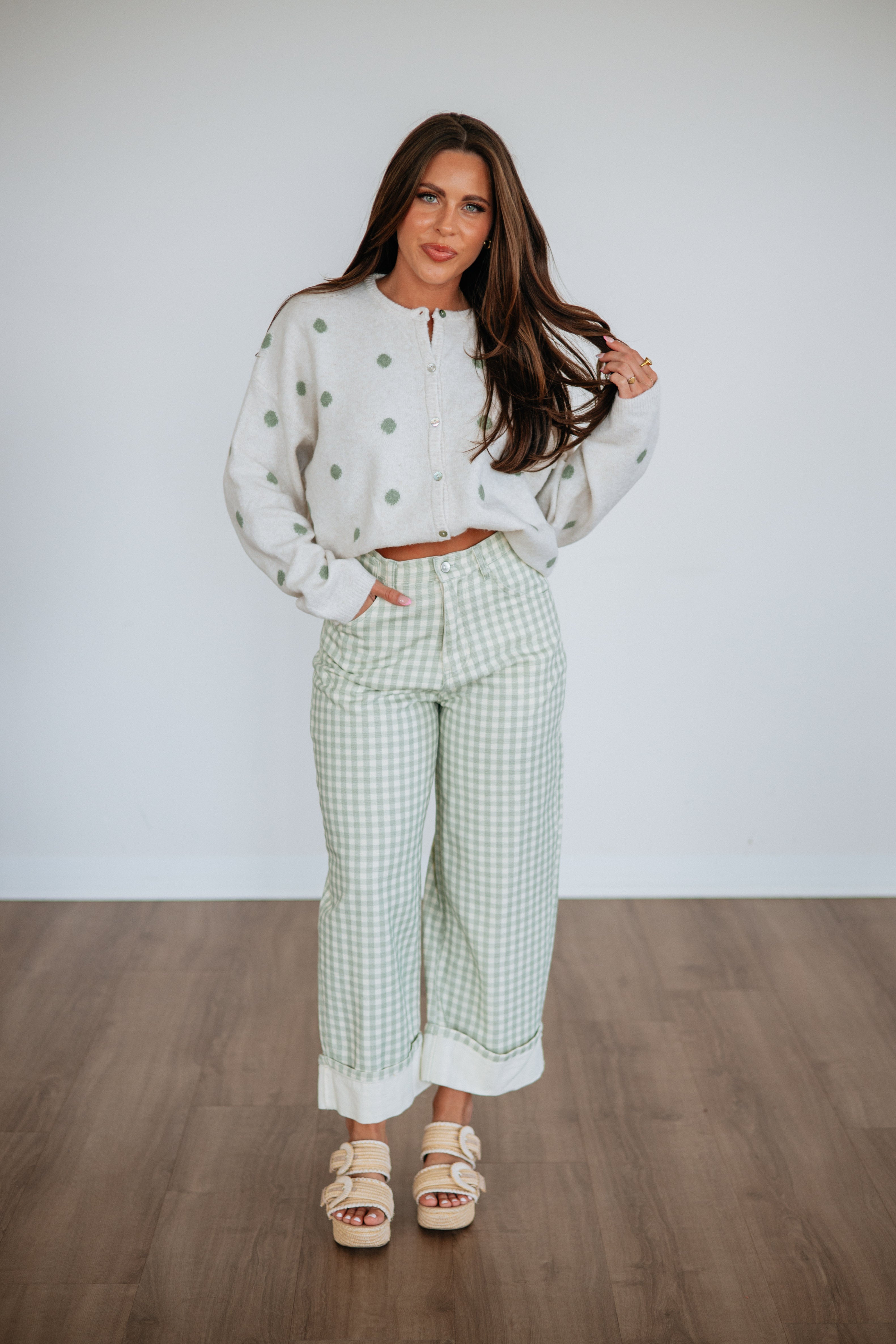 Round Neck Long Sleeve Polka Dot Sweater Knit Cardigan