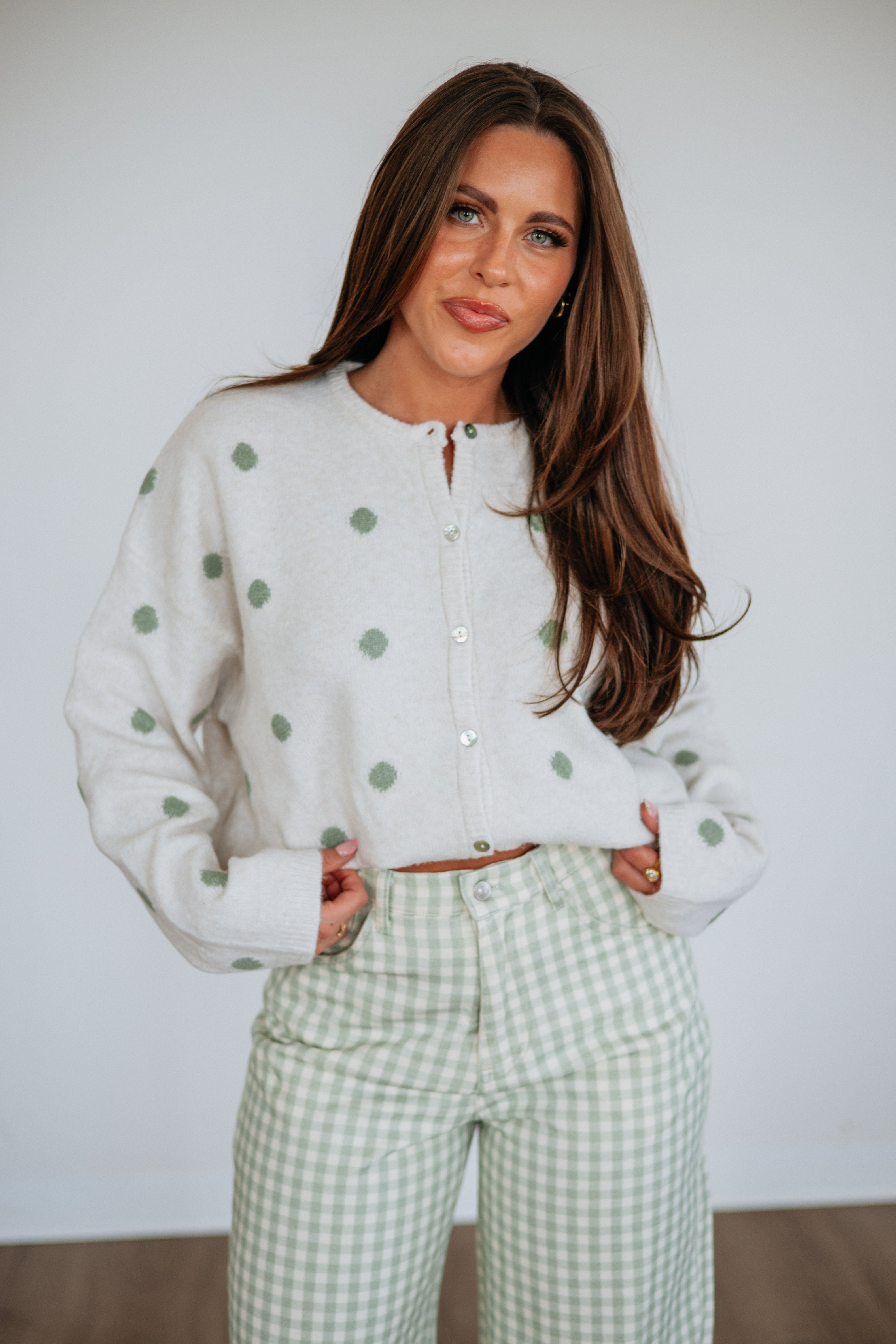 Round Neck Long Sleeve Polka Dot Sweater Knit Cardigan