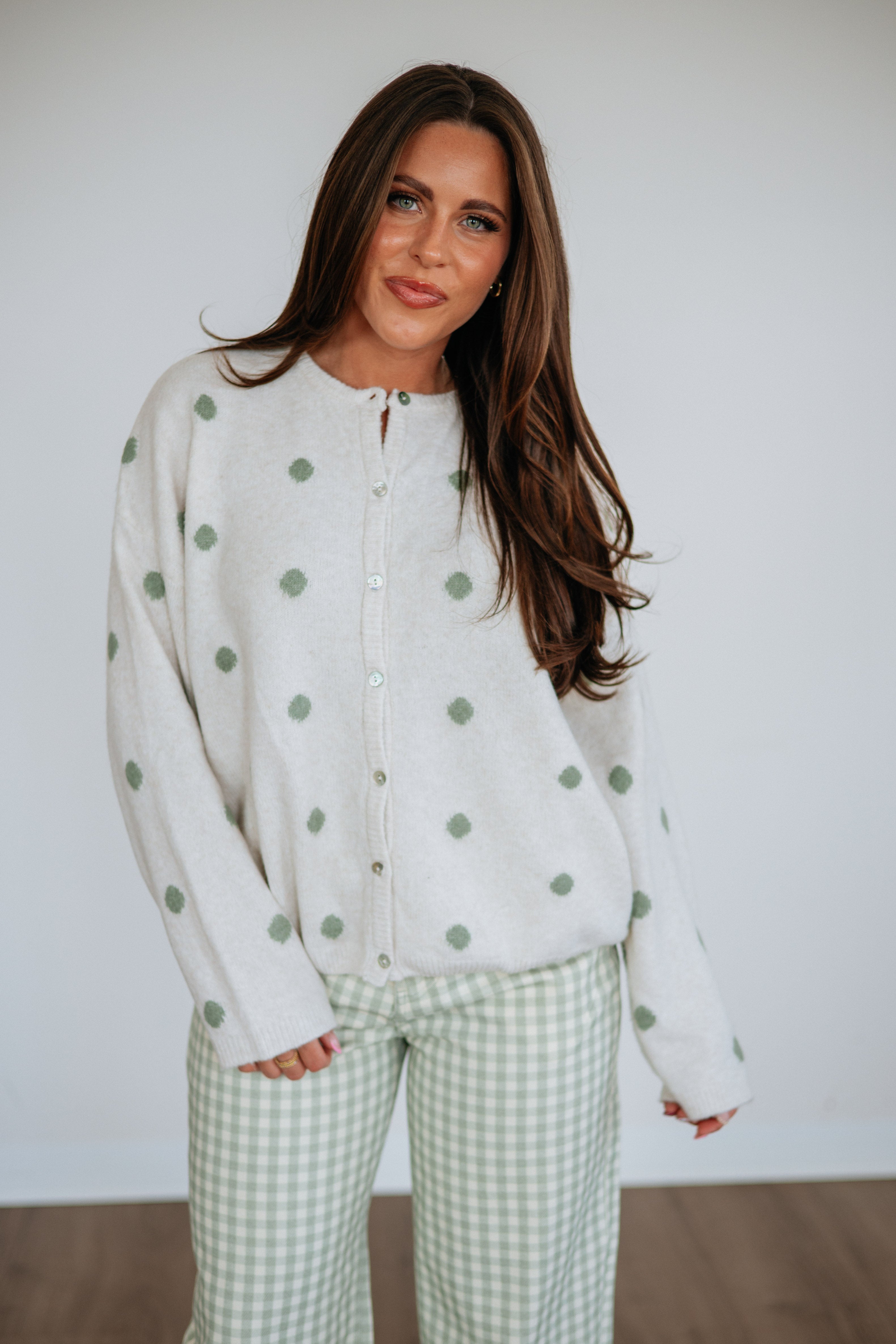 Round Neck Long Sleeve Polka Dot Sweater Knit Cardigan