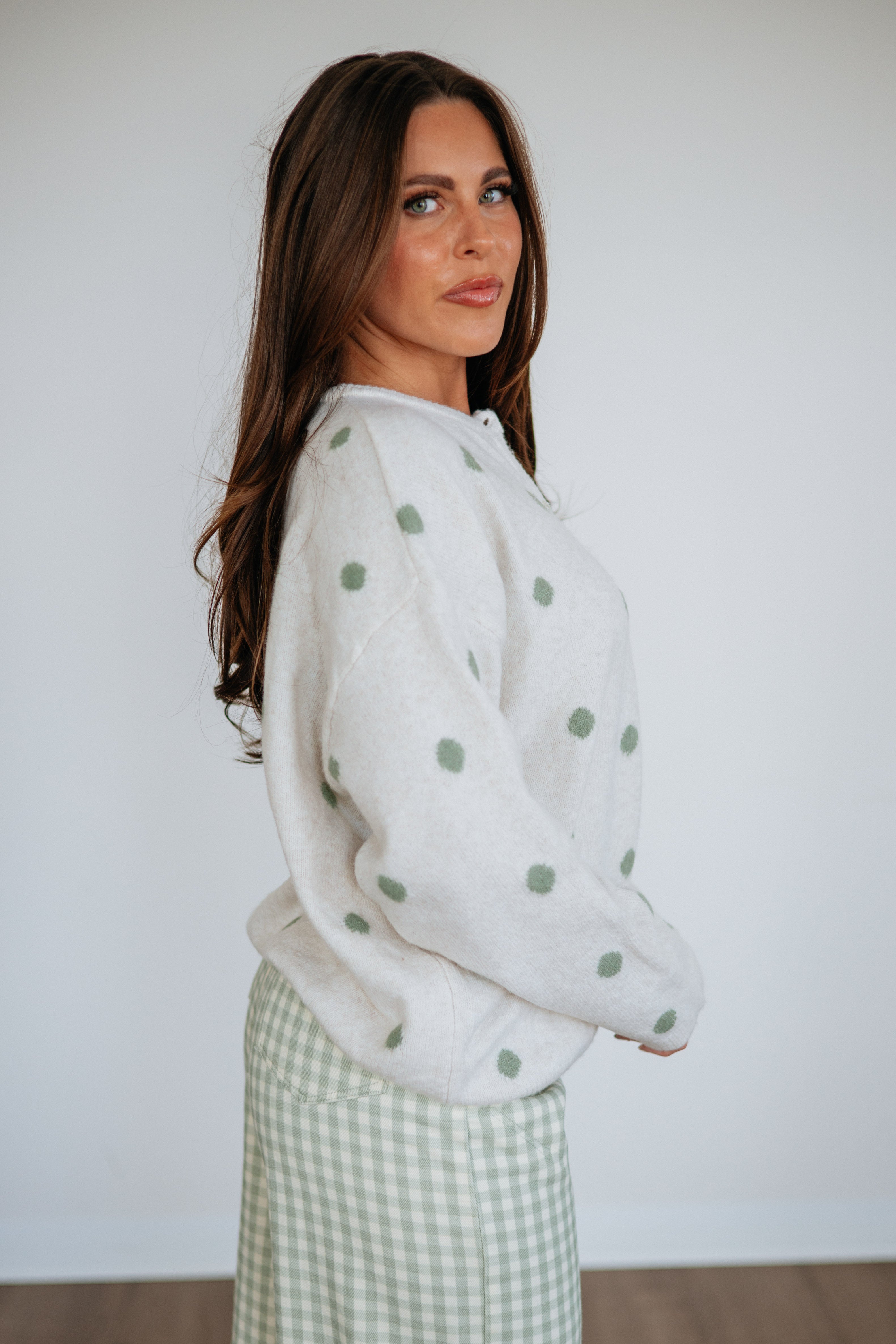 Round Neck Long Sleeve Polka Dot Sweater Knit Cardigan