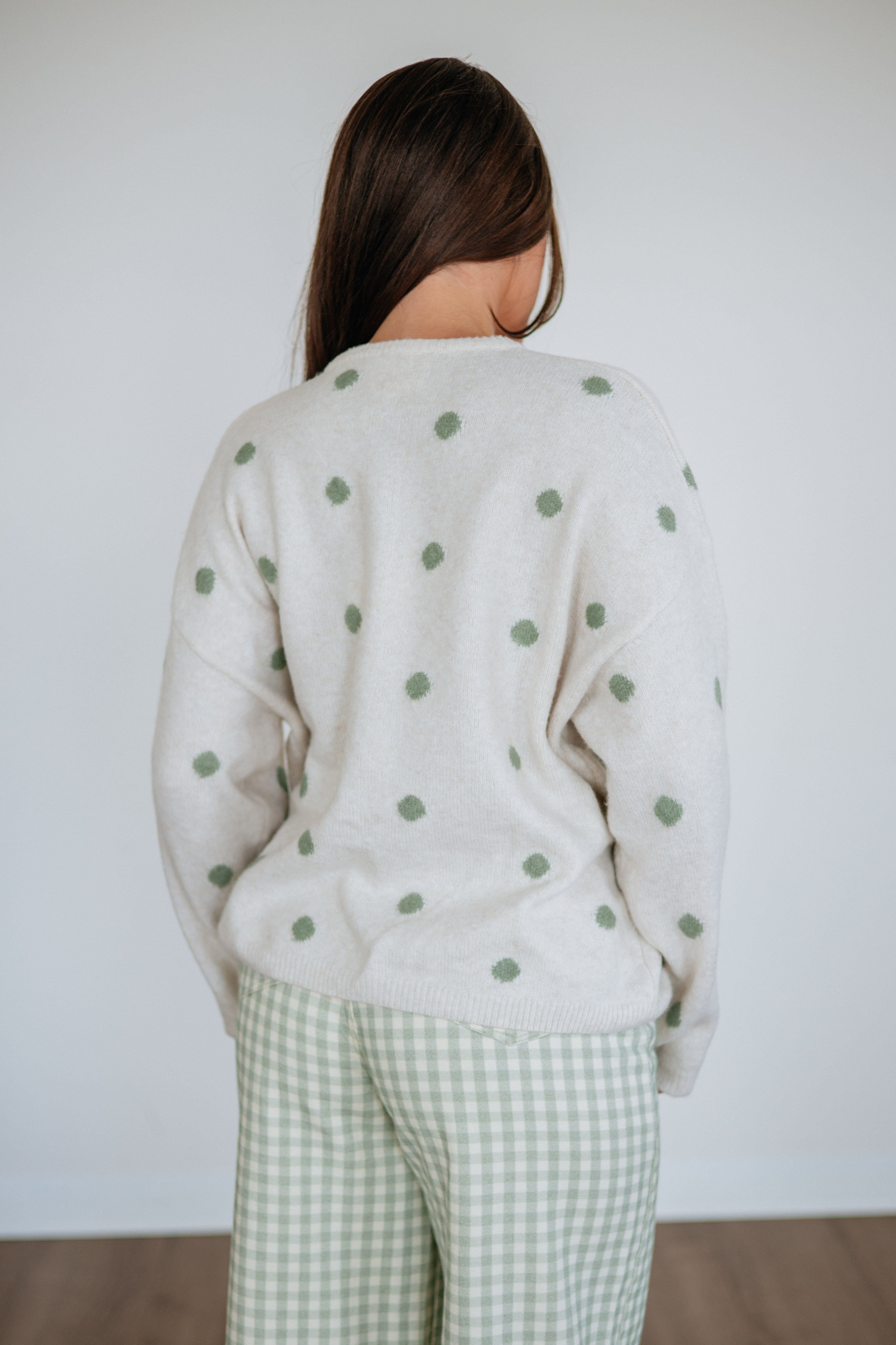 Round Neck Long Sleeve Polka Dot Sweater Knit Cardigan