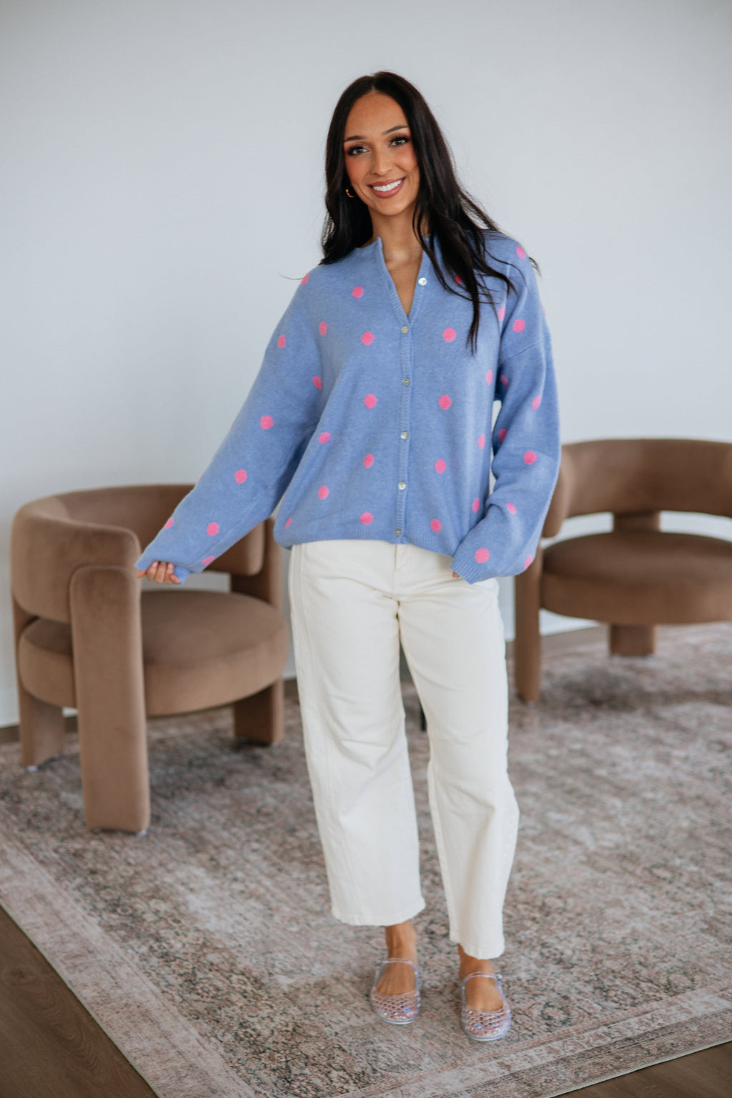 Round Neck Long Sleeve Polka Dot Sweater Knit Cardigan
