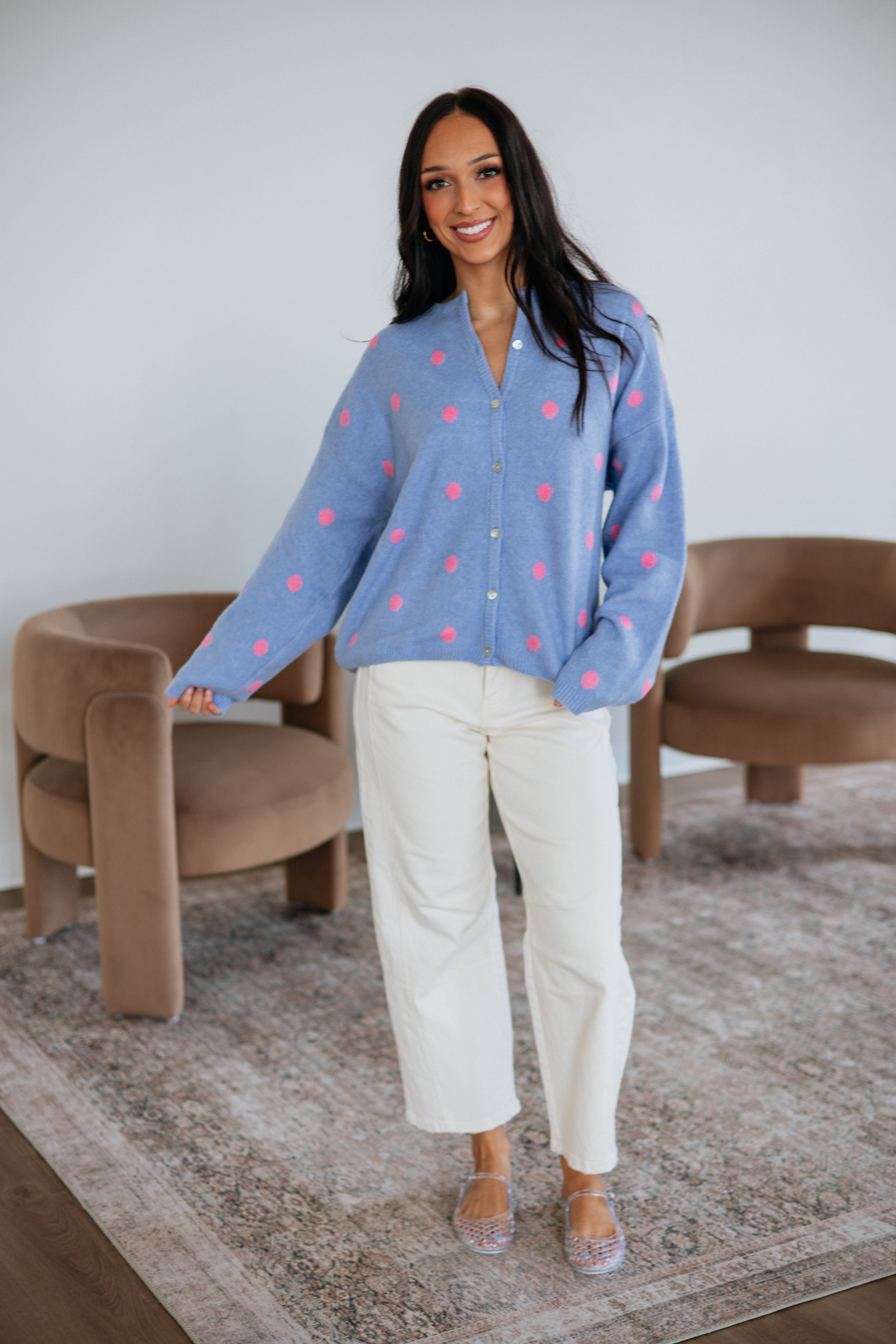 Round Neck Long Sleeve Polka Dot Sweater Knit Cardigan