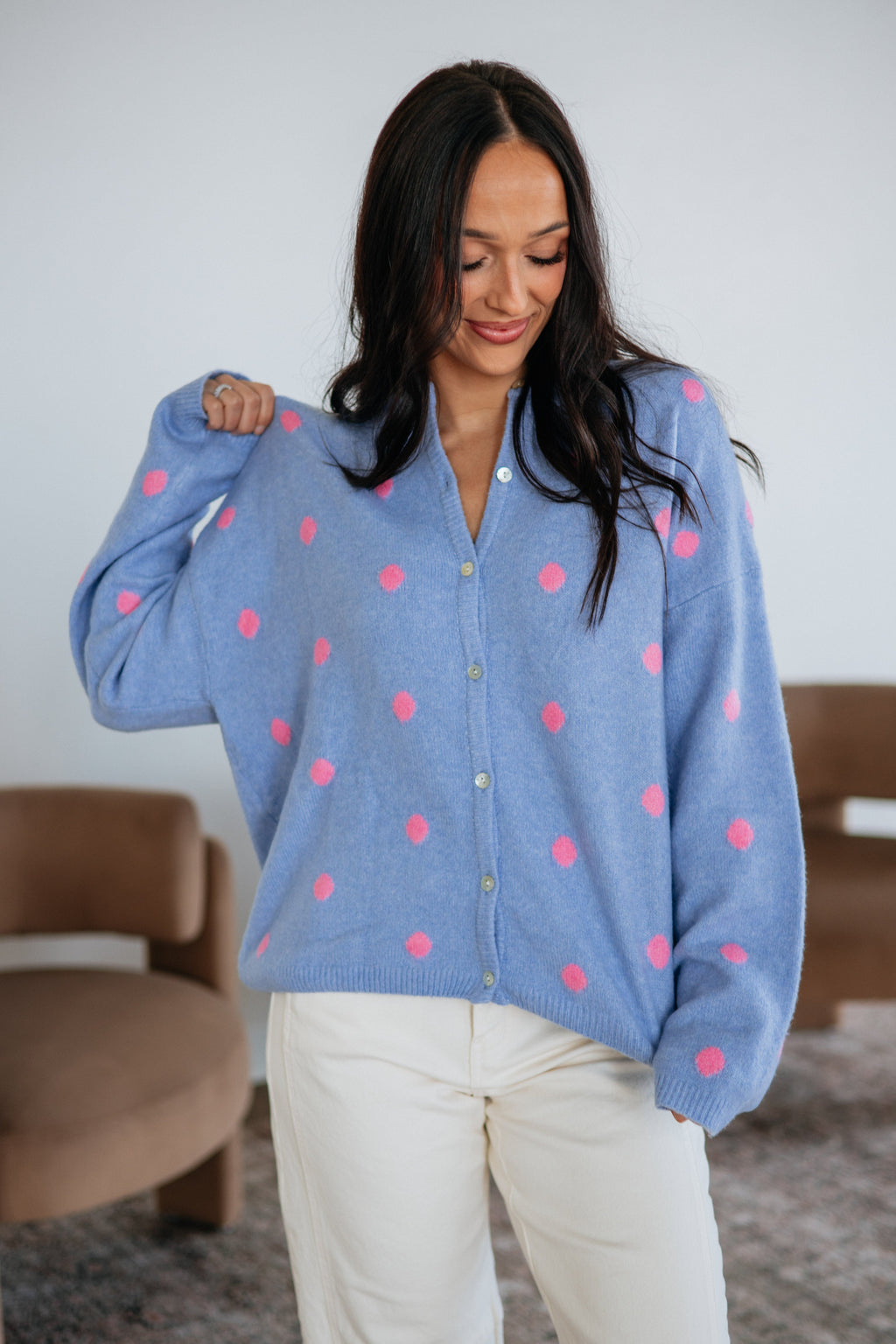 Round Neck Long Sleeve Polka Dot Sweater Knit Cardigan