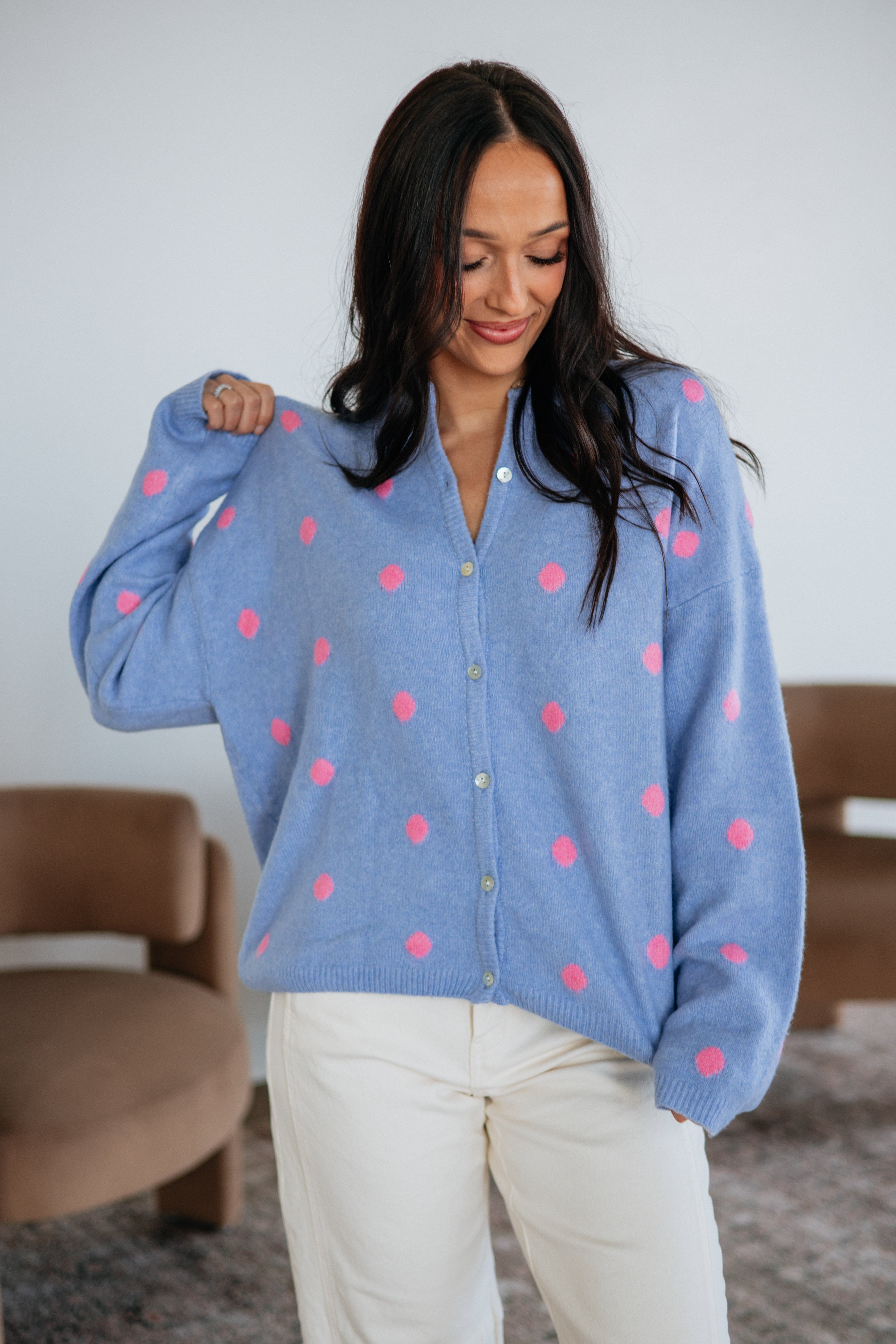 Round Neck Long Sleeve Polka Dot Sweater Knit Cardigan