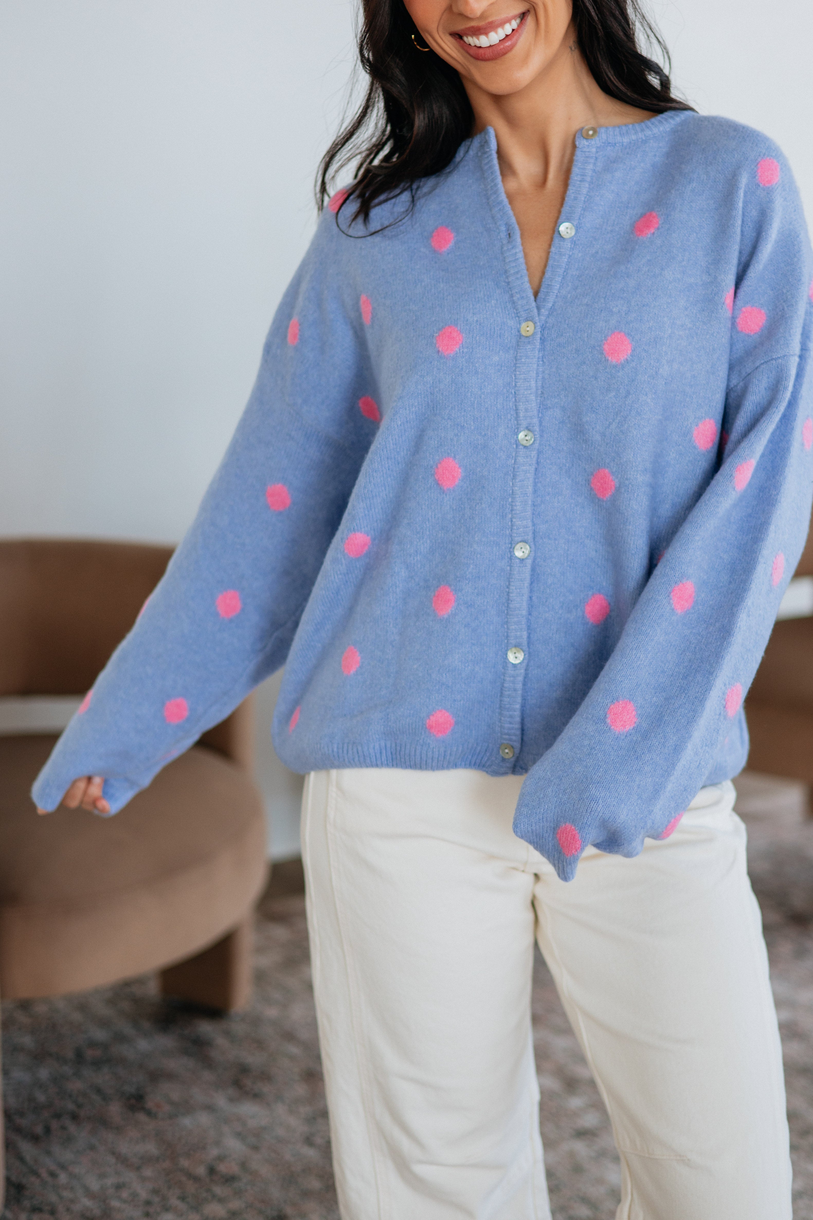 Round Neck Long Sleeve Polka Dot Sweater Knit Cardigan